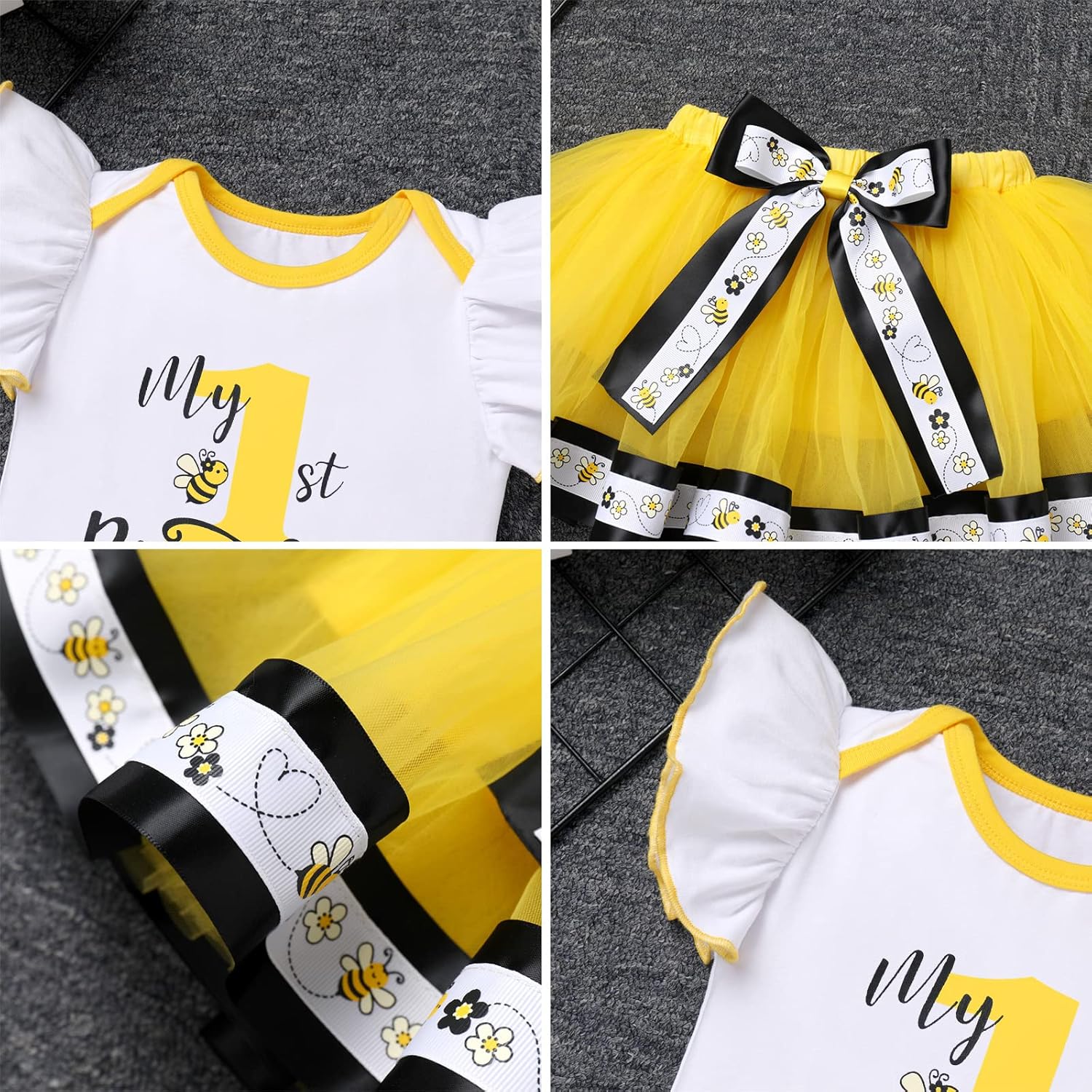 IBTOM CASTLE Baby Girls First Birthday Outfit Bee Romper Tutu Skirt Bowknot Headband Cake Smash Photoshoot Clothes - Image 6