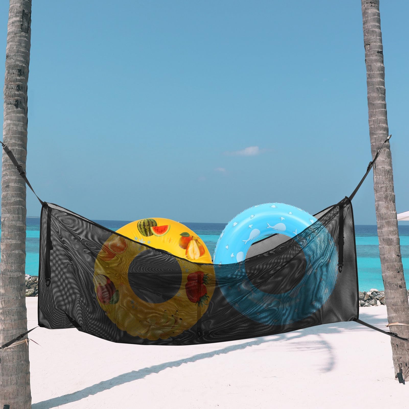 Bolsa de malla grande para piscina, plegable para exteriores, para flotadores de natación, juguetes de agua, toallas de playa y accesorios, solución de almacenamiento colgante para patios y piscinas