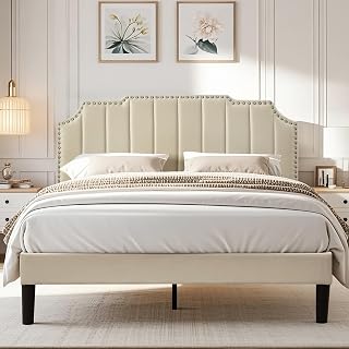 VECELO Doppelbett, gepolstert, 140 x 190 cm, Bettgestell mit Kopfteil, Lattenhalterung aus stabilem Holz, hochwertiger Samtstoff, einfach zu montieren, Beige