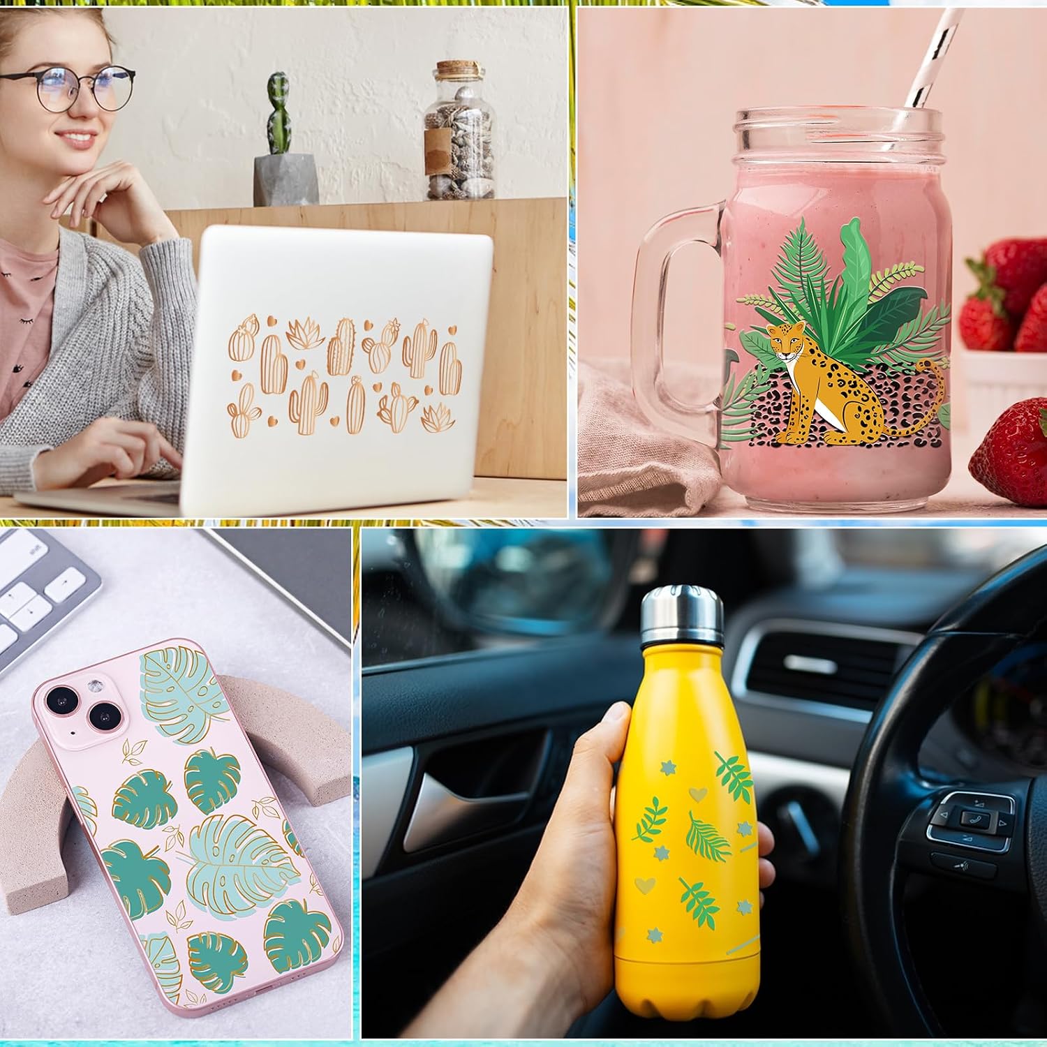 Hawaii UV DTF Cup Wraps - 12 Plant UV Transfer Stickers for 16 oz Glass Cups, Waterproof Green Tropical Leaves Monstera Flamingo Decals
