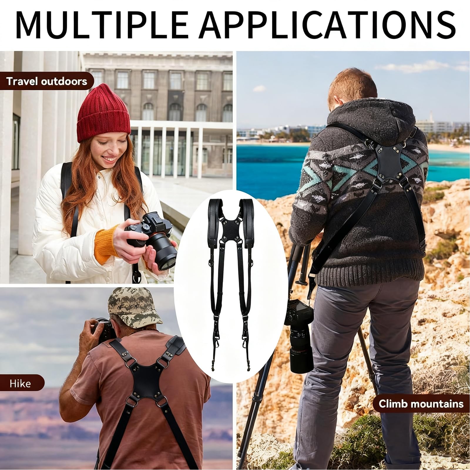 Imbracatura per fotocamera,Cinghie per fotocamera nere per fotografi,Doppia cinghia per fotocamera in pelle per due fotocamere DSLR/SLR