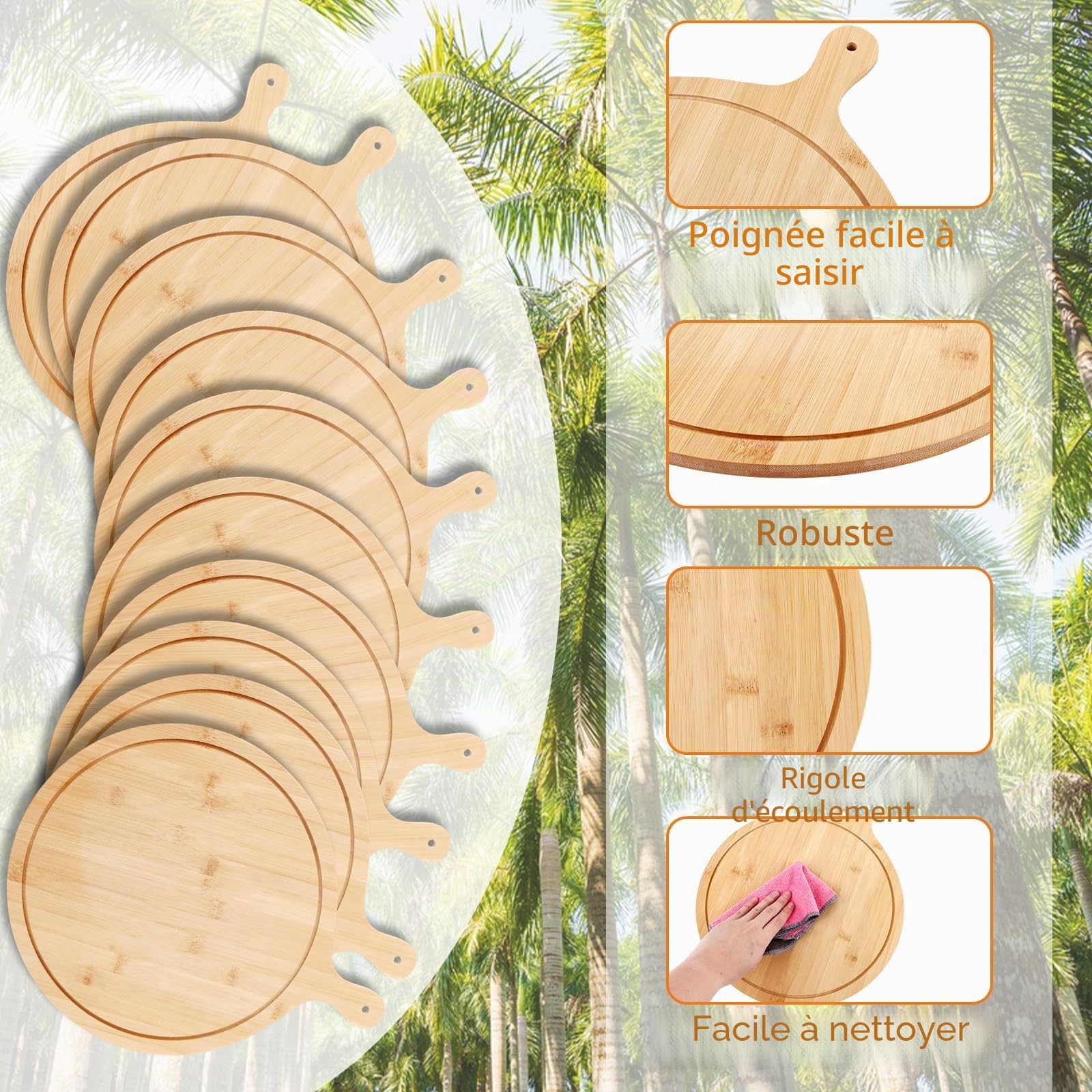 Lot de 3 Planche a Pizza en Bambou 33 cm, Plateau Pizza Rond avec Poignée Intégrée, Assiette Pizza en Bois Naturel pour Découpe, Service et Fromage