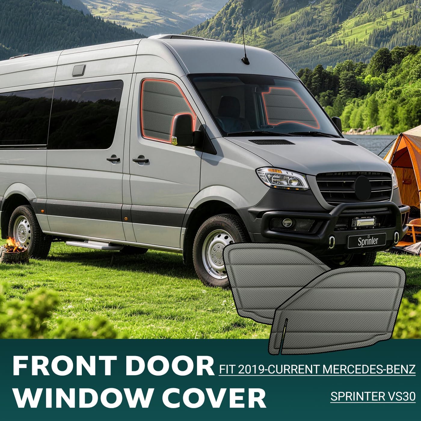 Front Door Window Covers(Pair) for Mercedes-Benz Sprinter 2019-2026 VS30, Magnetic Insulated Blackout Sunshade, XPE Foam Core, AllSeasonGuard