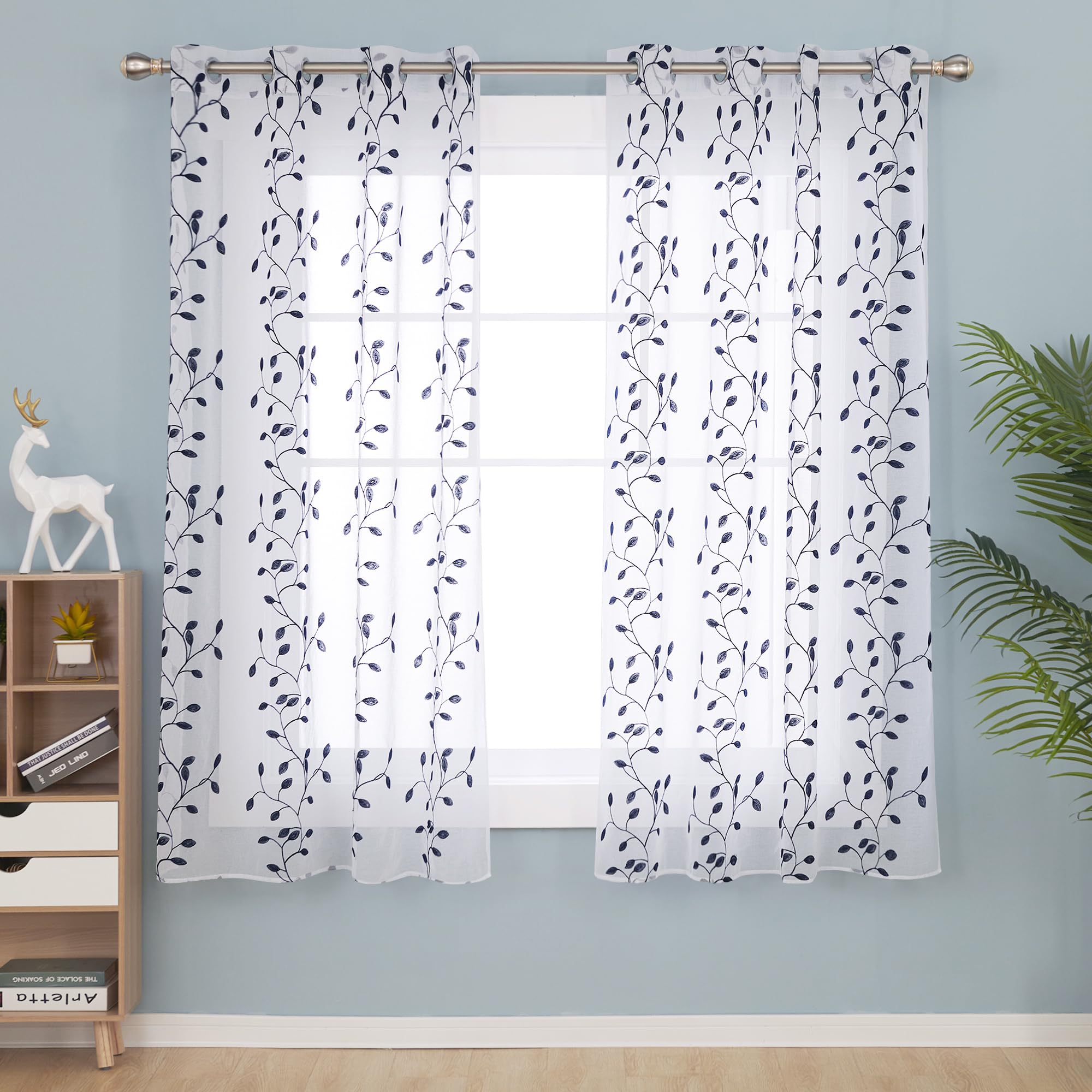 Deconovo Eyelet Faux Navy Blue Net Curtains Embroidery Leaves Voile Curtains Super Soft Semi Sheer Curtains 55 x 69 Drop Inch Navy Blue 1 Pair