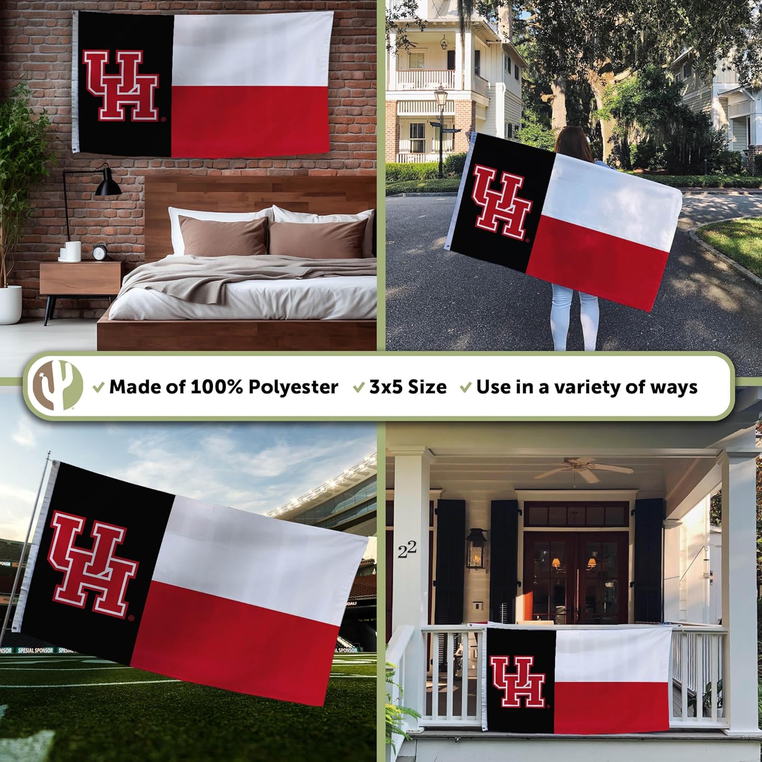 Desert Cactus University of Houston UH Flag - 3 x 5 Feet Cougars Banner, Indoor/Outdoor Durable Fabric, 100% Polyester Design (Style C) - Image 3