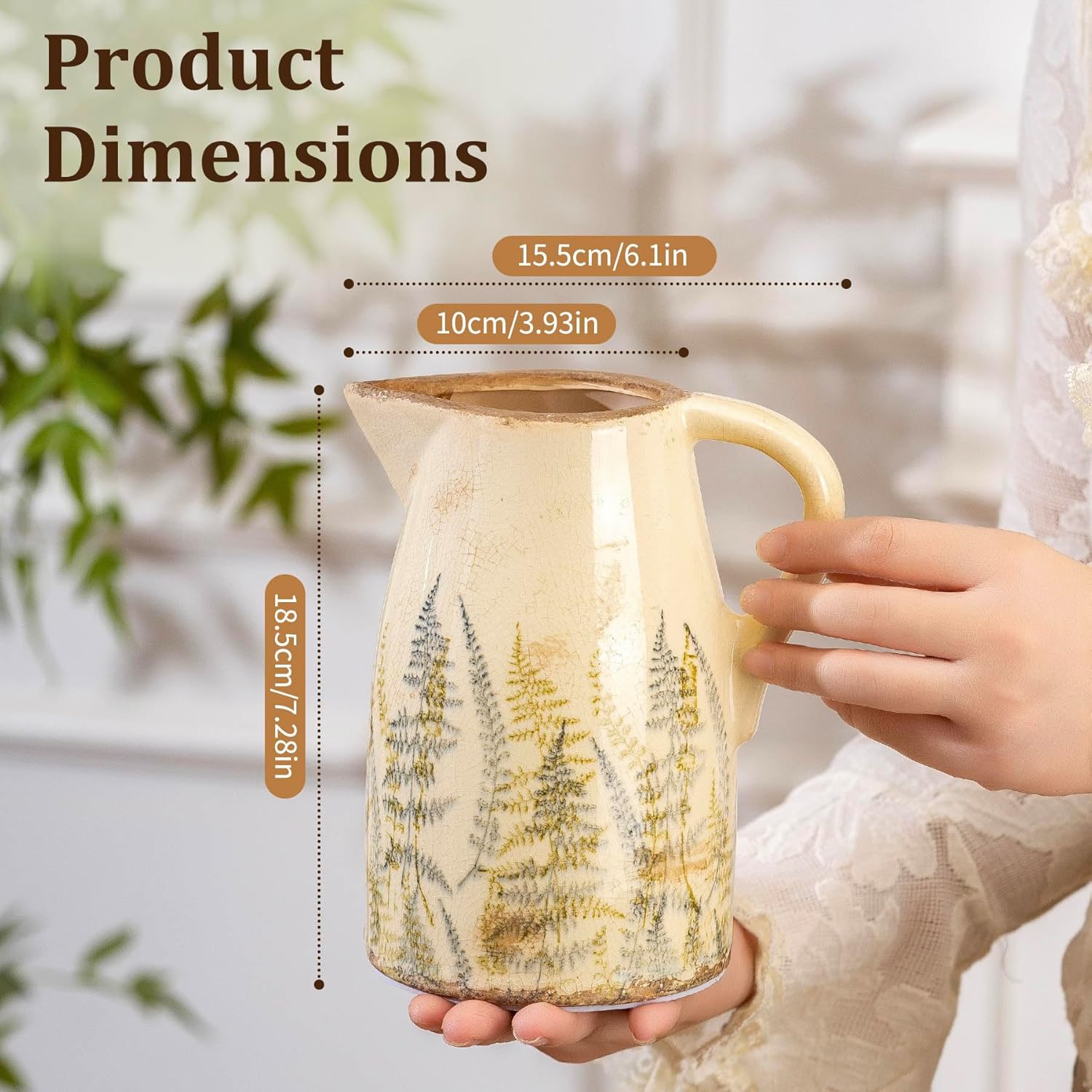 Vintage Ceramic Pitcher Vase with Handle, Farmhouse Green and Purple Large Floral Vases, French Country Decorative Vase, Rustic Table Centerpiece for Home Decor, Bookshelf, Office 7.3 Inch - Image 3