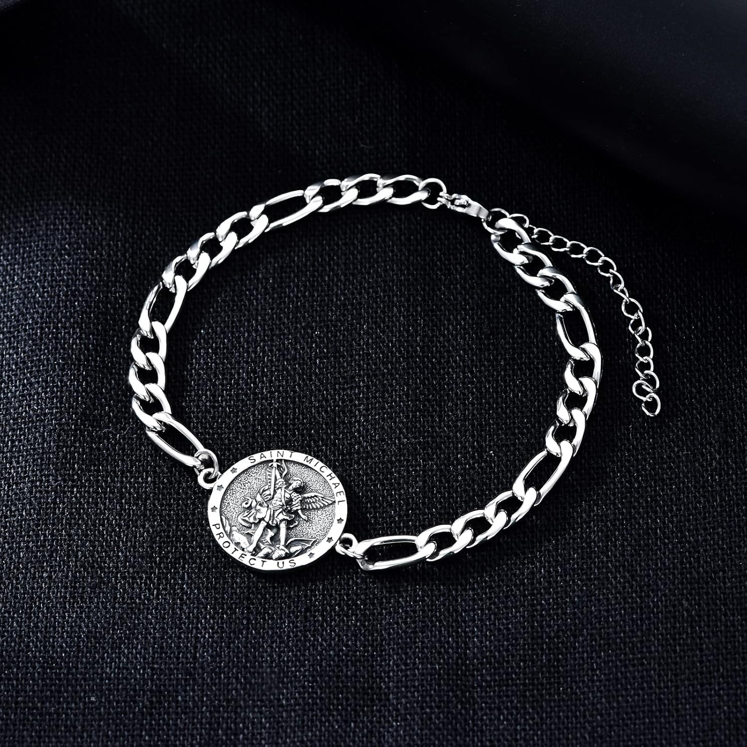 Seiyang Sterling Silver St Michael/Christopher Bracelet for Men Women Adjustable Medal Bracelet Religious Protection Jewelry with 6mm 9"+2" Figaro Link - Image 5