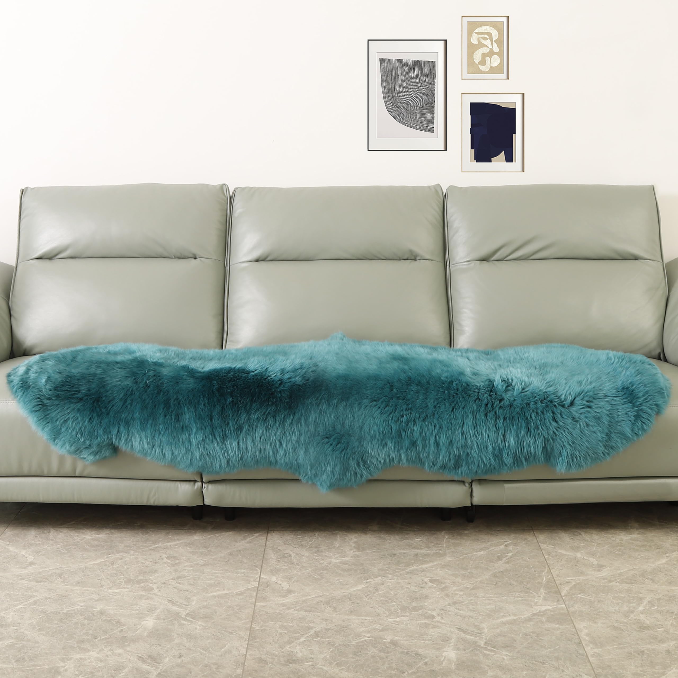 RZLWOOL Genuine Sheepskin Rug New Zealand Fluffy Lambskin Rug, Natural Luxury Sheepskin Throw for Bedroom Living Room Children's Room - Premium Area Rug Chair Cover (2×6 Feet, Dark Teal Blue)