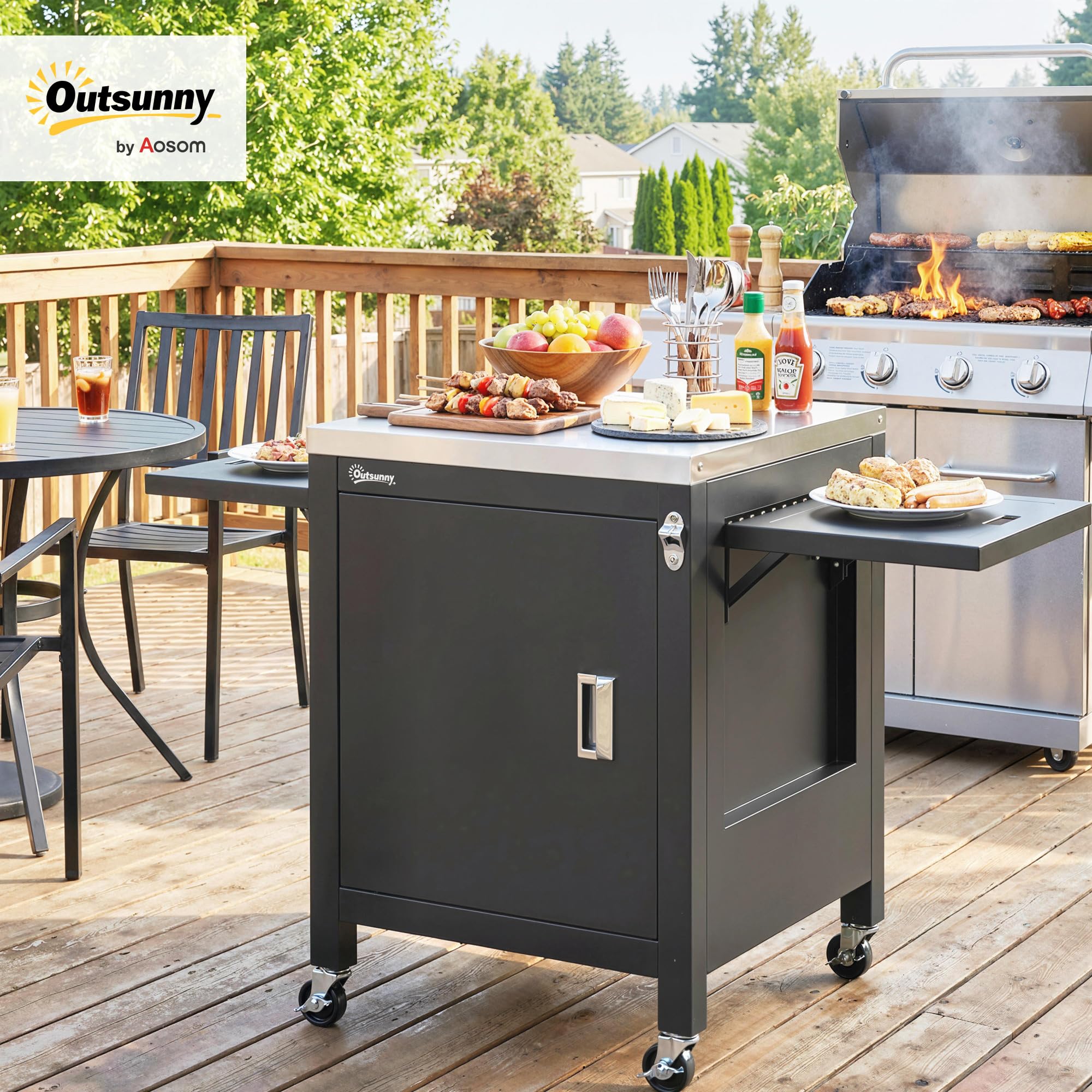 Outsunny Desserte jardin chariot de barbecue sur roulettes îlot de cuisine plateau en acier inoxydable placard Porte-Serviettes, Ouvre-Bouteille 140,5 x 68 x 89 cm Noir