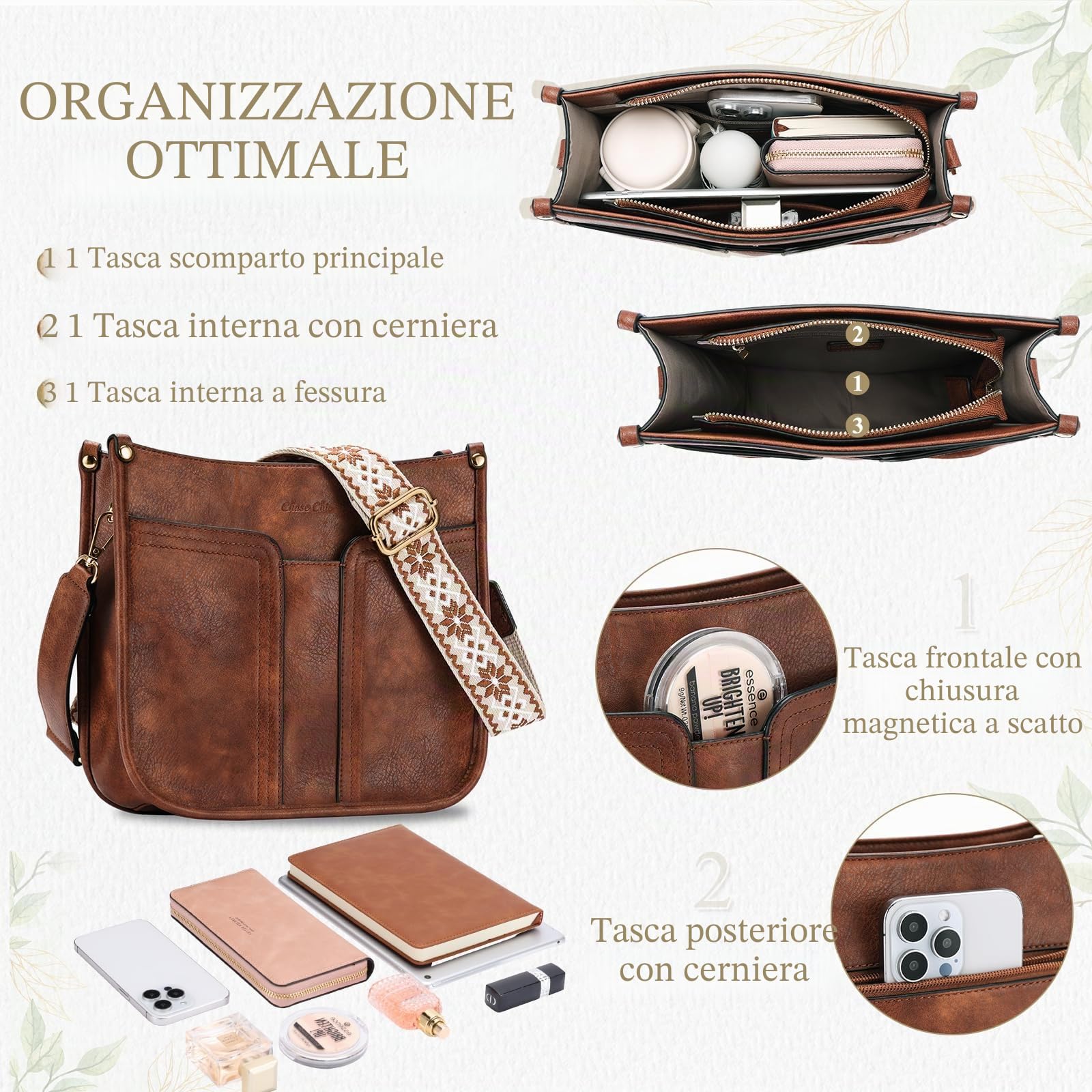 Chase Chic Borsa Tracolla Donna, Resistente All'acqua Casual Borsa Da Viaggio Donna, Borsa Lavoro Donna Elegante per Shopping