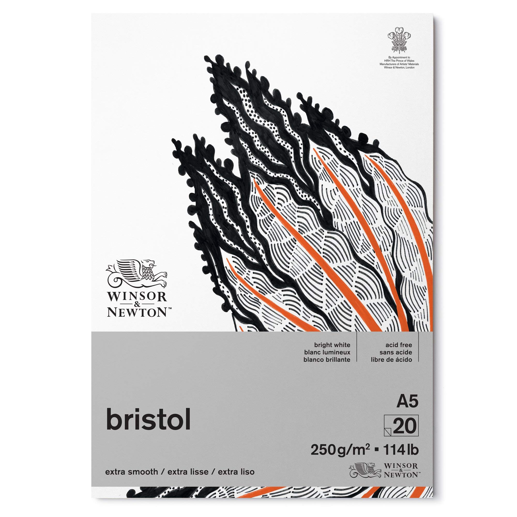 Winsor & Newton Bristol Board - Extra Smooth 250 GSM - A5, Bright White, Short Side Glued Pad of 20 Sheets, Ideal for Use with Markers, Pen & Ink, Fineliners, Photo Realistic Sketching