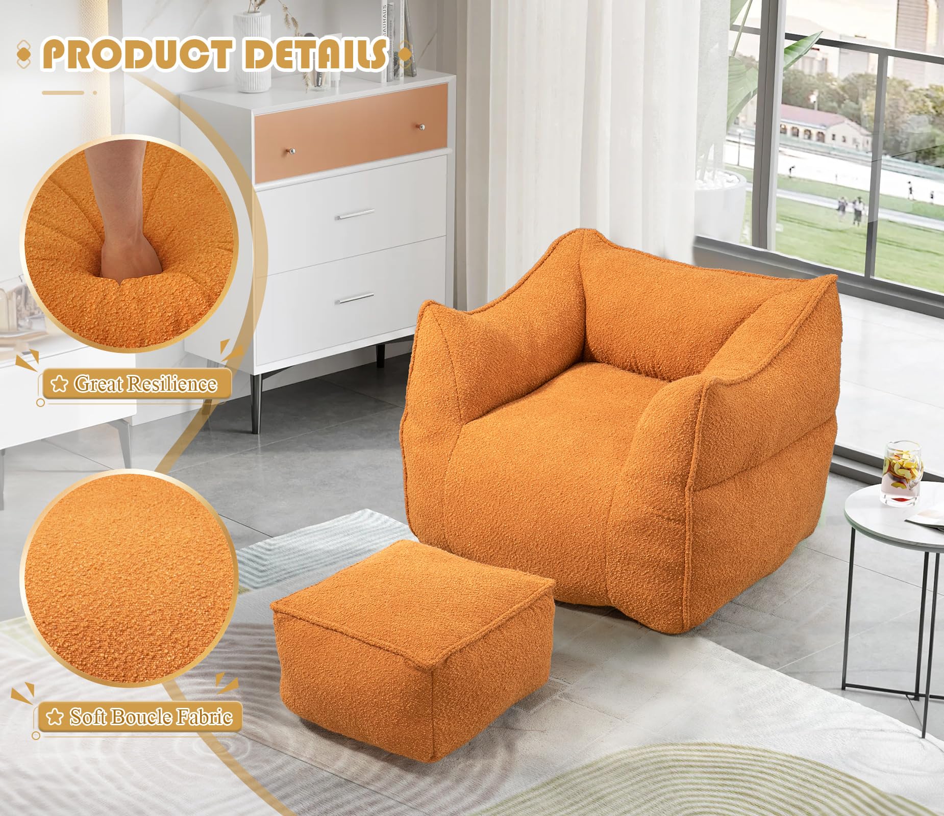 Chenille Bean Bag Chair For Adults With Ottoman - Memory Foam Filled, Armrests & Back Support