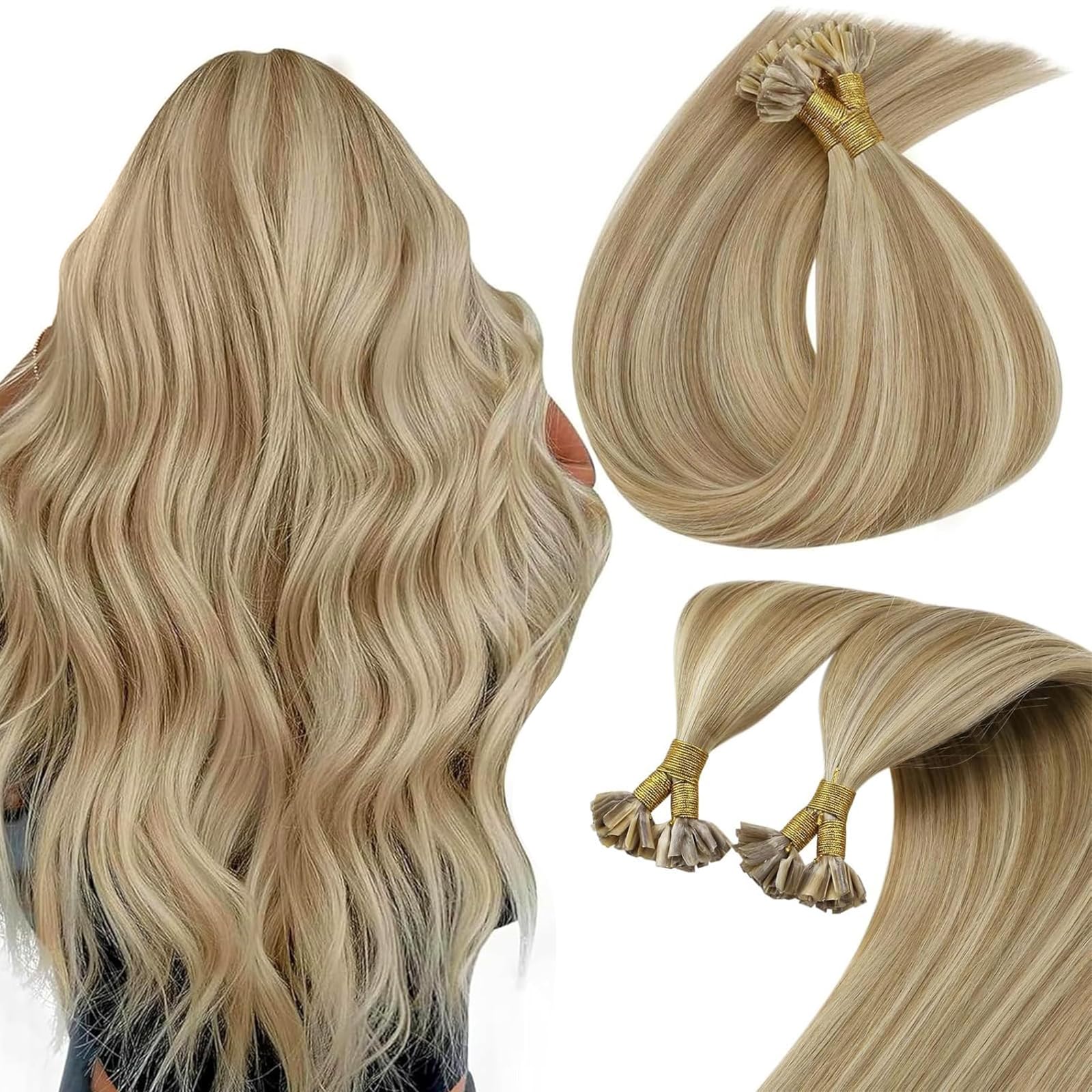 Sunny Hair U Tip Hair Extensions Human Hair 50g Hot Fusion Utip Extensions Human Hair Keratin Tip Real Hair Extensions for Women Dark Ash Blonde Highlights Golden Blonde 14inch