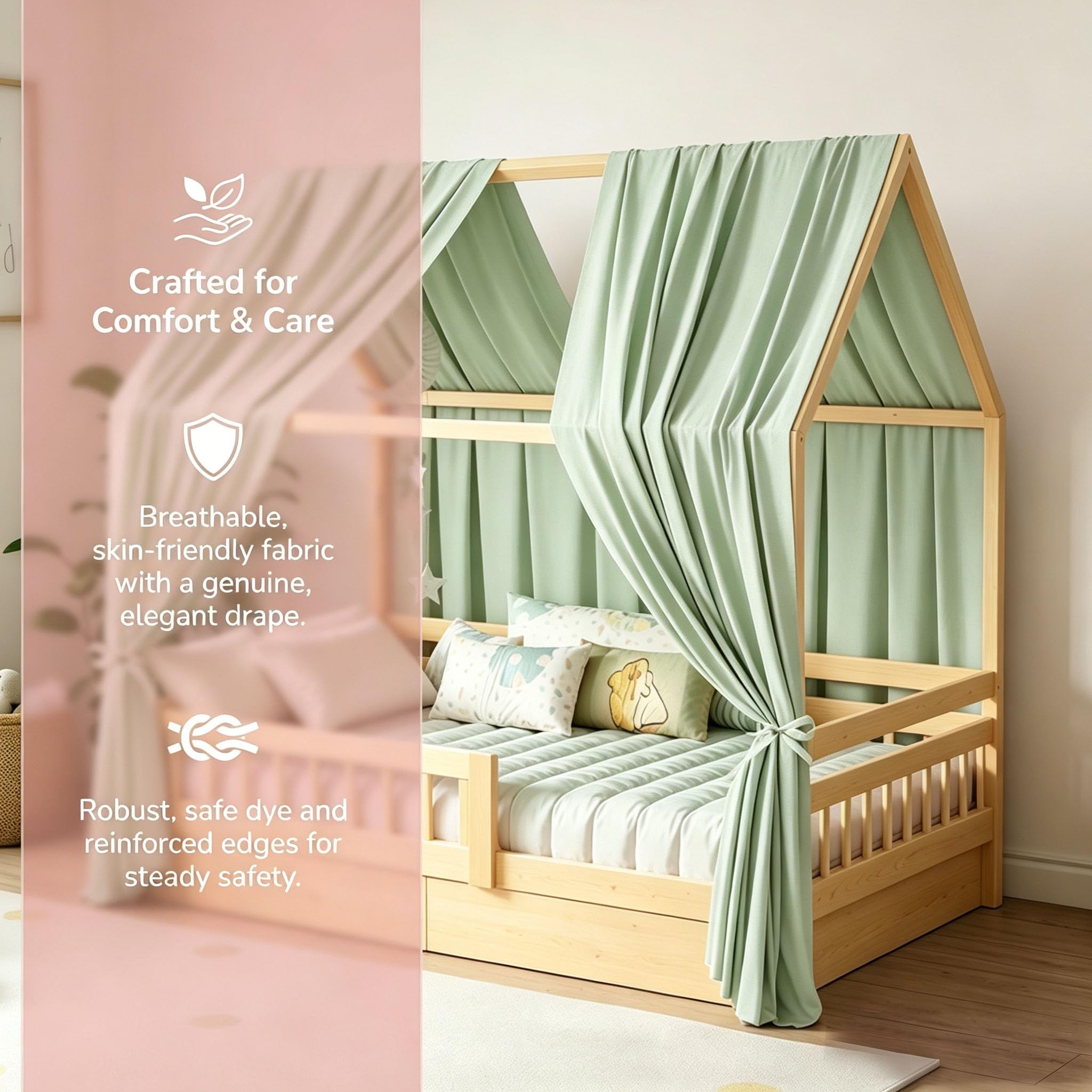 2 Stück Hausbett Himmel, Betthimmel Babybett aus Musselin,Weich und atmungsaktiv Baldachin Kinderzimmer Deko,Hausbett Himmel Deko Set für Mädchen & Jungen-62 x 270cm Hellgrün