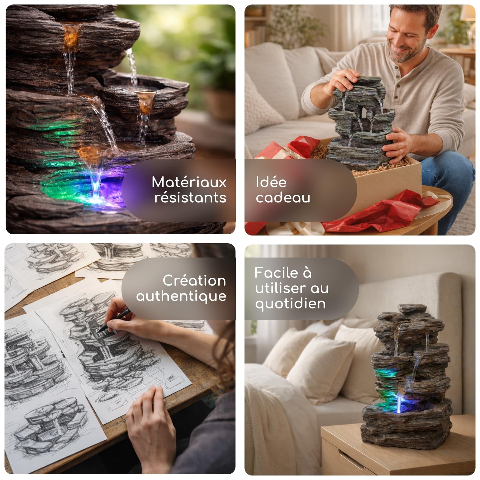 Zen’Light - Fontaine d’Intérieur Nature Pietra - Décor Zen Naturel en Résine Imitation Roche, Idéal Méditation & Détente - Cascade & Éclairage LED à Variation de Couleur - Objet Porte-Bonheur - H35cm