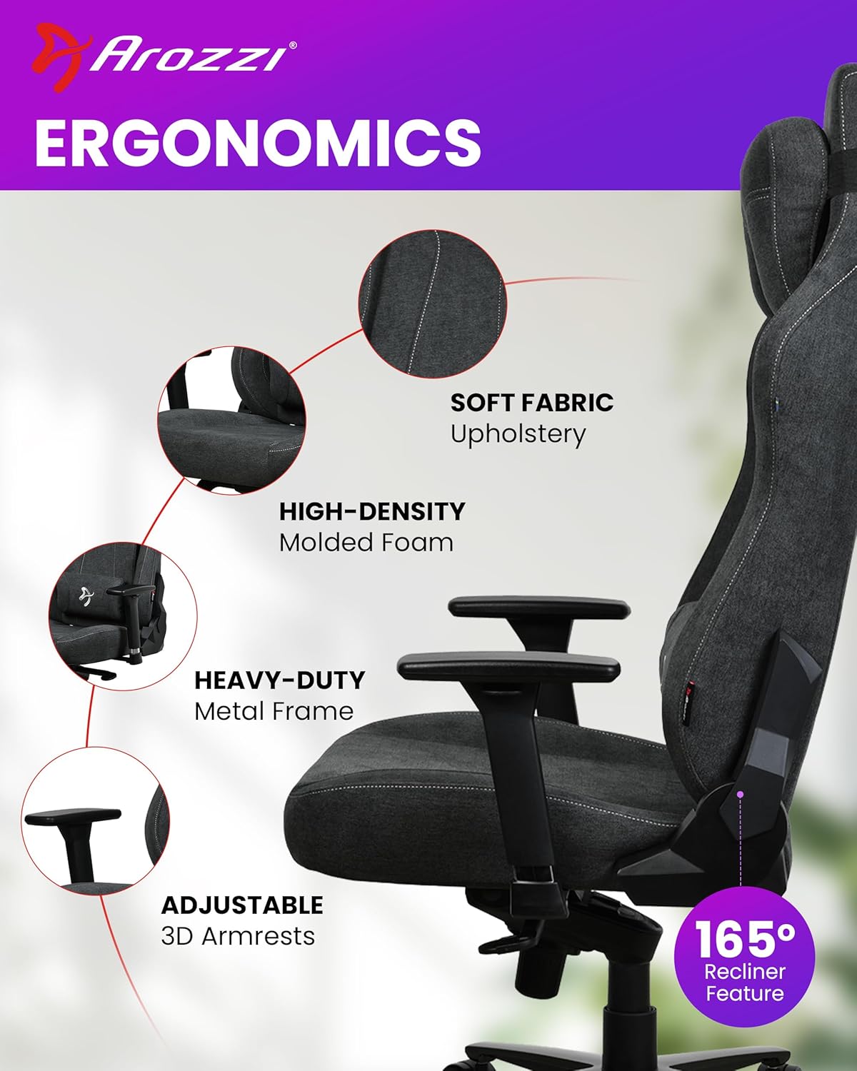 Arozzi Vernazza Gaming Chair XL - Soft Fabric Gaming Chairs for Adults Adjustable Height, Large Spacious Seat & Backrest with Support Pillows - Swedish Design Home Office Computer Chairs, Dark Grey