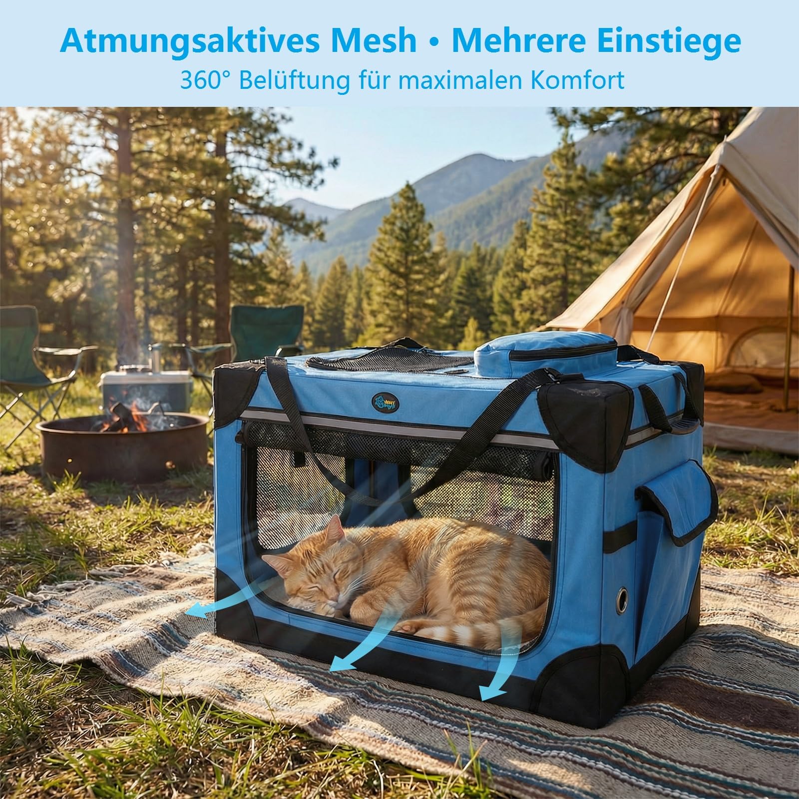 Ownpets 60x40cm Klappbarer Hundekäfig für Katze&Hundewelpe, Tragbarer Reisehundekäfig, 4-Türiger Faltenbarer Haustierkäfig mit Robusten Netzfenstern und Weicher Matte, Blau