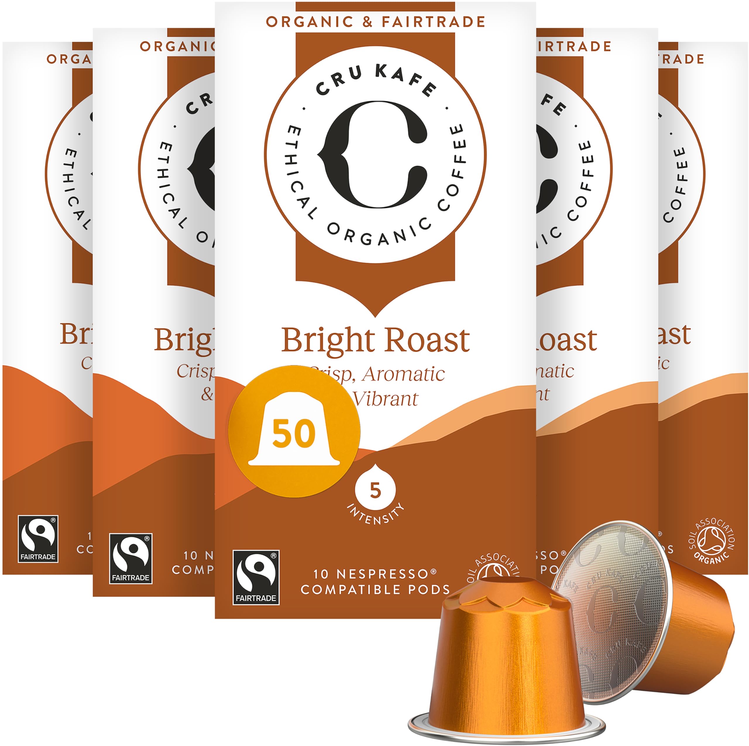 Cru Kafe Bright Roast USDA Organic Espresso Coffee Capsules (50 Pods) Fairtrade Coffee Pods Compatible with Nespresso Original Line and Pixie Machines