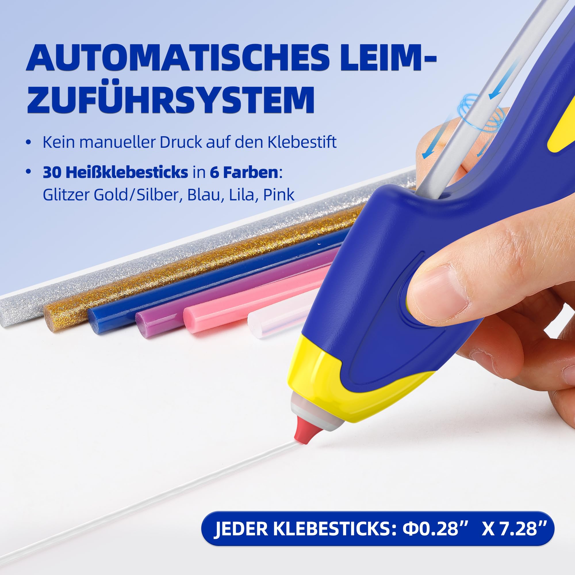 Pistola colla a caldo senza fili, Preriscaldamento rapido 6s, Incollaggio automatico antigoccia, pistola a caldo per colla con 30 stick di colla colorati 185mm, Ricaricabile USB-C per il fai da te