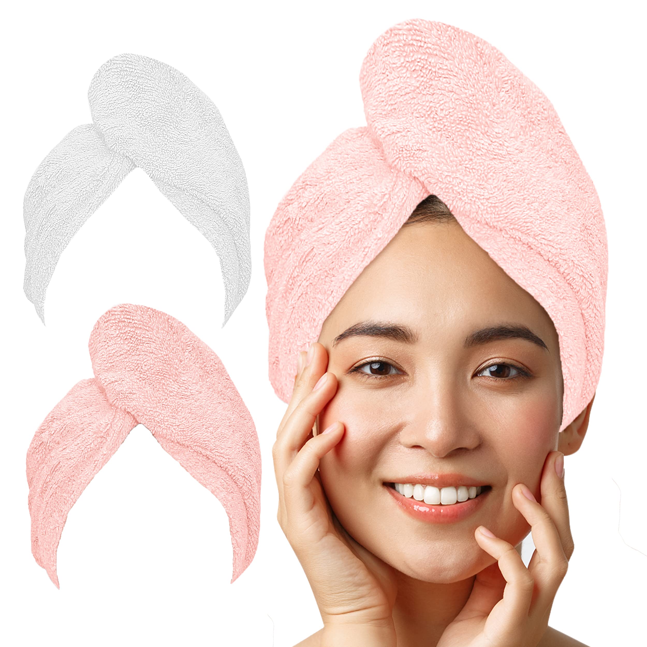 Haarturban-Premium Haarhandtuch 100% Baumwolle, Hochwertiges Turban Handtuch mit Knopf und Gummizug, Super Saugfähiges Kopfhandtuch (2 STK Weiß+Rosa)
