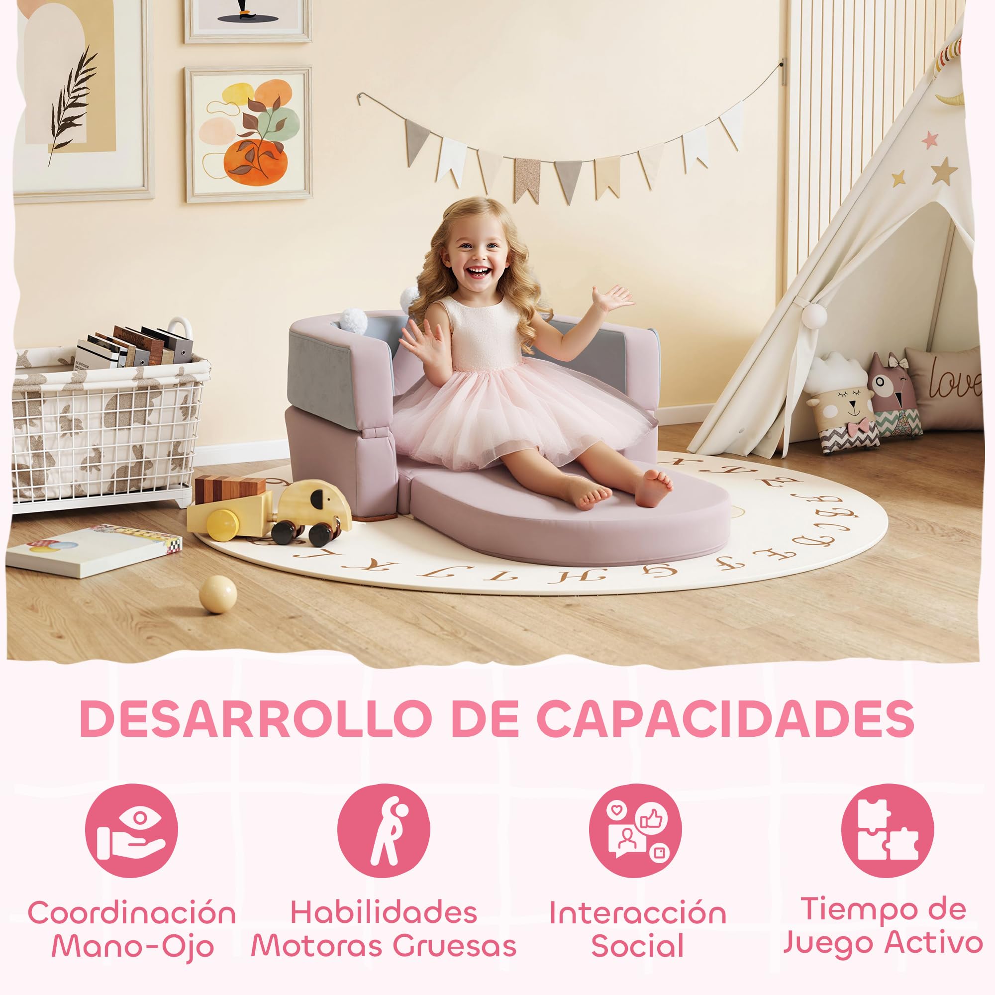 AIYAPLAY Sofá Infantil Convertible, Sofá para Niños con Cojín de Corona, Plegable en Cama y Zona de Juego, Tapizado de Terciopelo Suave, para Niños 18-36 Meses, Rosa y Azul Grisáceo