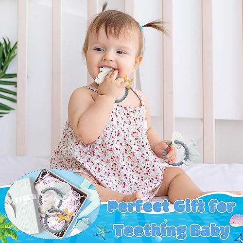 Miniatura 5 de Juguetes mordedores de silicona para bebés, 2 piezas de anillo de dentición temático de verano con temática de océano y playa, mordedores suaves,