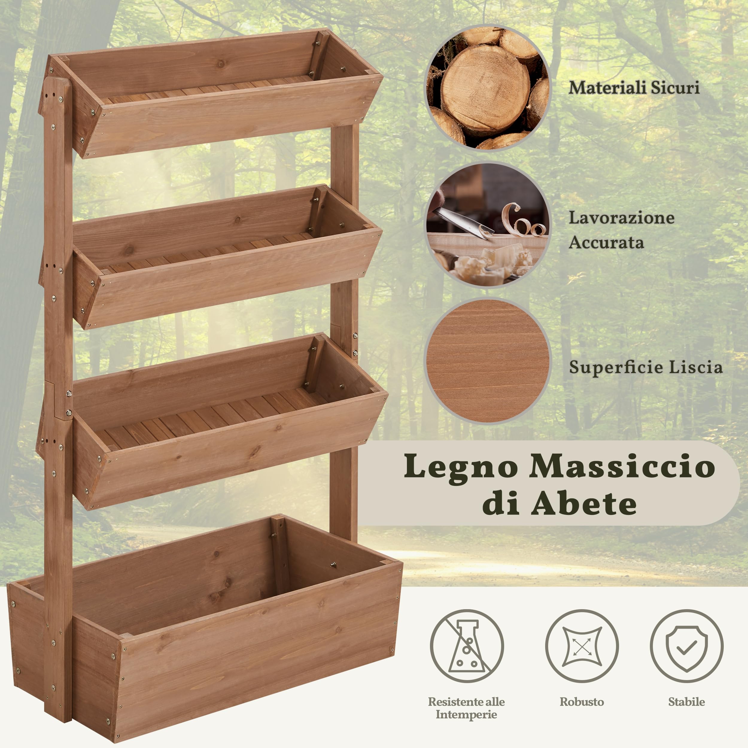 Yaheetech Fioriera Aiuola Rialzata da Esterno Verticale 4 Piani in Legno con Fori di Drenaggio per Piante Aromatiche Orto 84,5×45×140,5cm Marrone Scuro