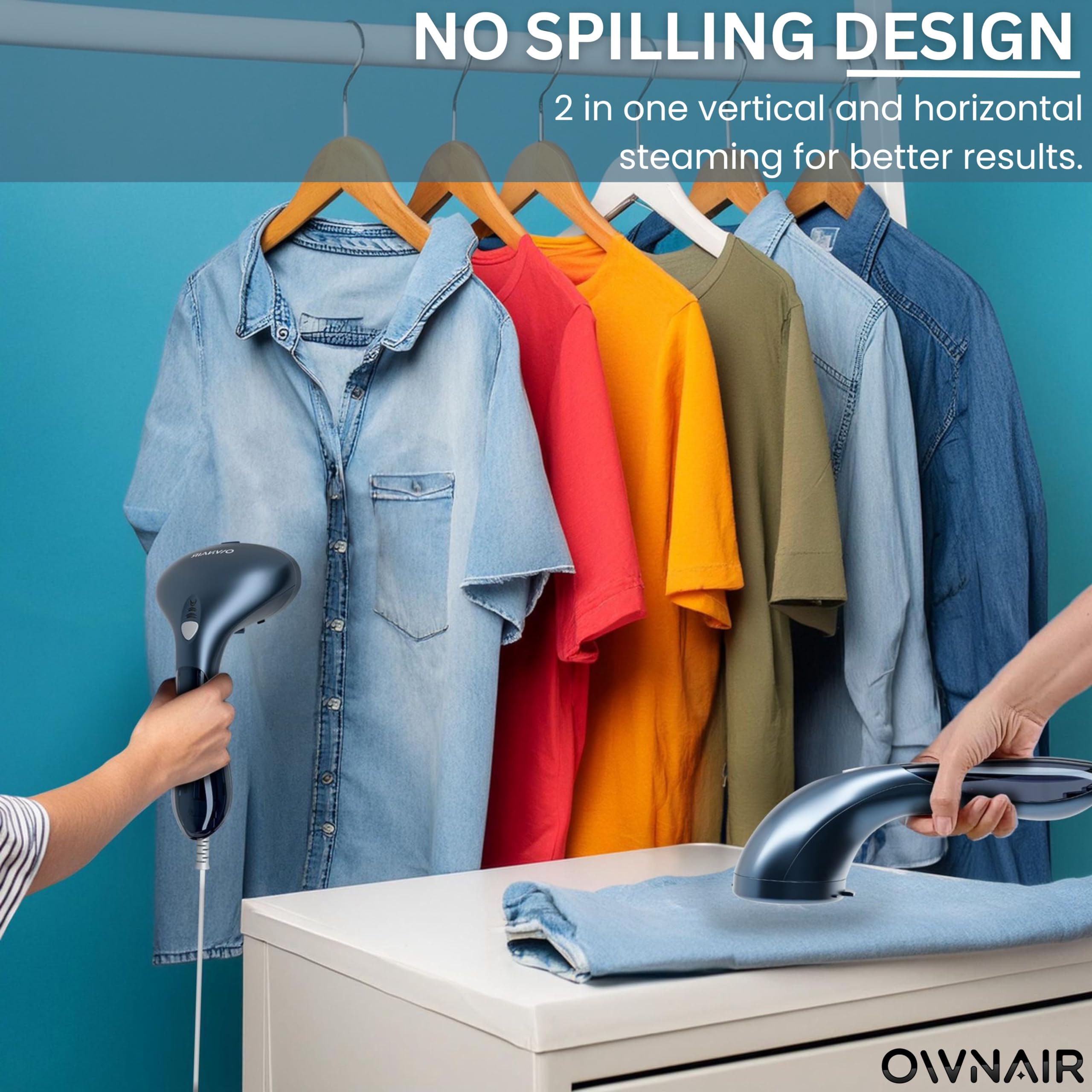 OWNAIR Turbo Garment Steamer, steam iron for clothes, easy vertical horizontal steaming, Steamer for clothes, 24g/min high steam 1800 Watt, 130 ml, 15-sec Fast Heating 5
