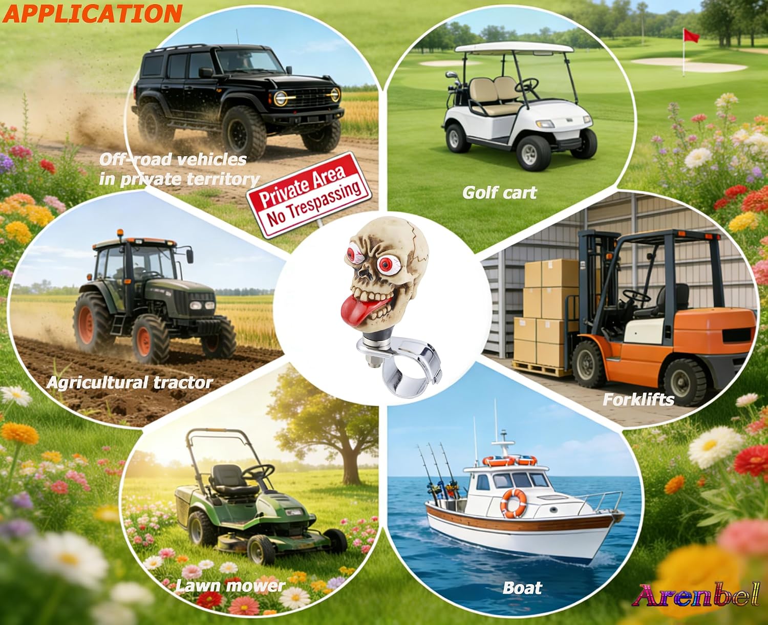 Skeleton Head Steering Wheel Spinner Knob Car Turning Suicide Booster Assist Grip Handle Fit Most Agricultural Tractors Forklifts Lawn Mowers, Beige