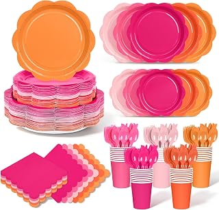 350 Pcs Pink and Orange Party Plates and Napkins - Hot Pink Orange Party Decoration Tableware set Include Sunset Tropical Scalloped Plate Napkin Cup & Cutlery for Baby Shower, Wedding, Birthday