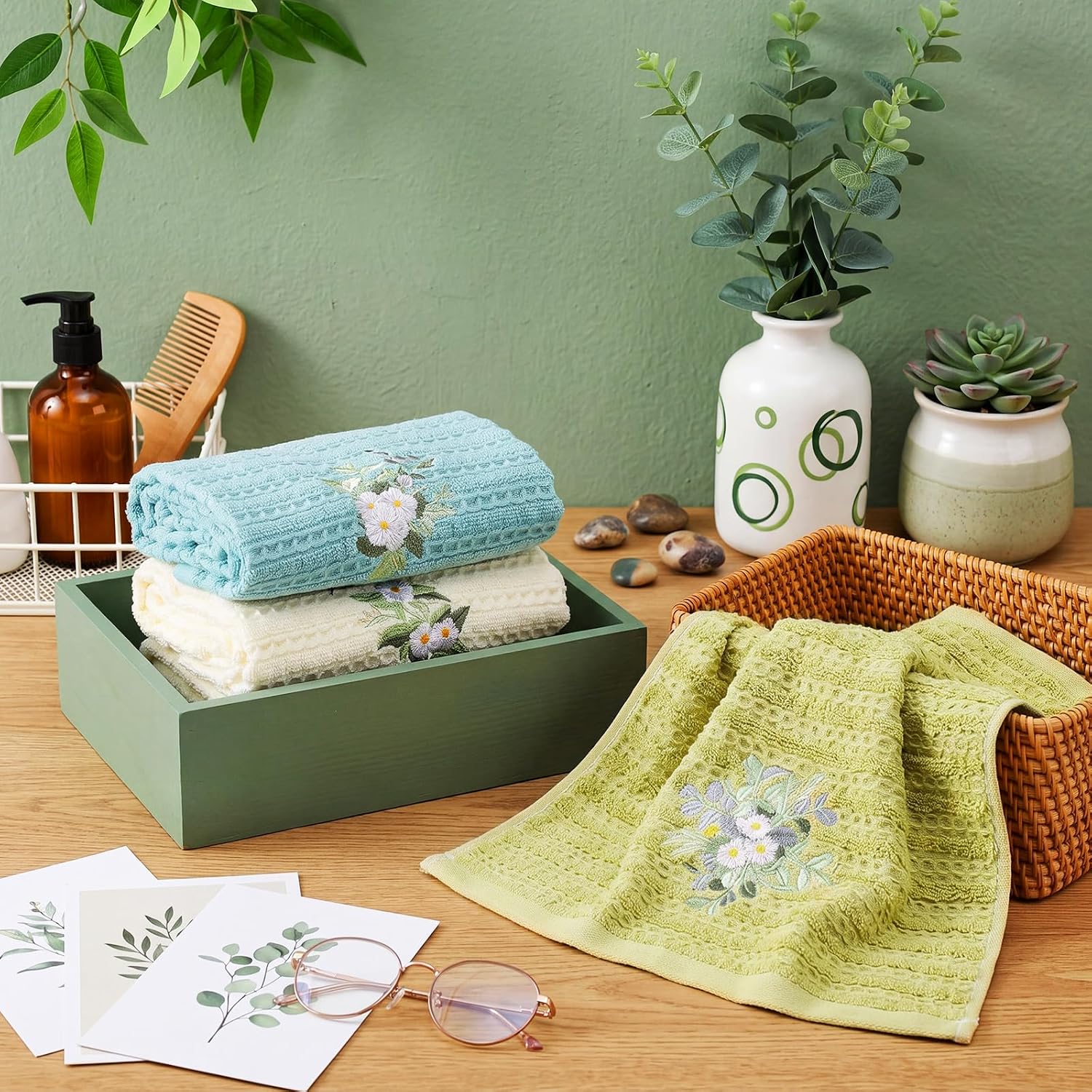 HunnmingRe 3 Pcs Eucalyptus Waffle Hand Towels for Bathroom Embroidered image 3