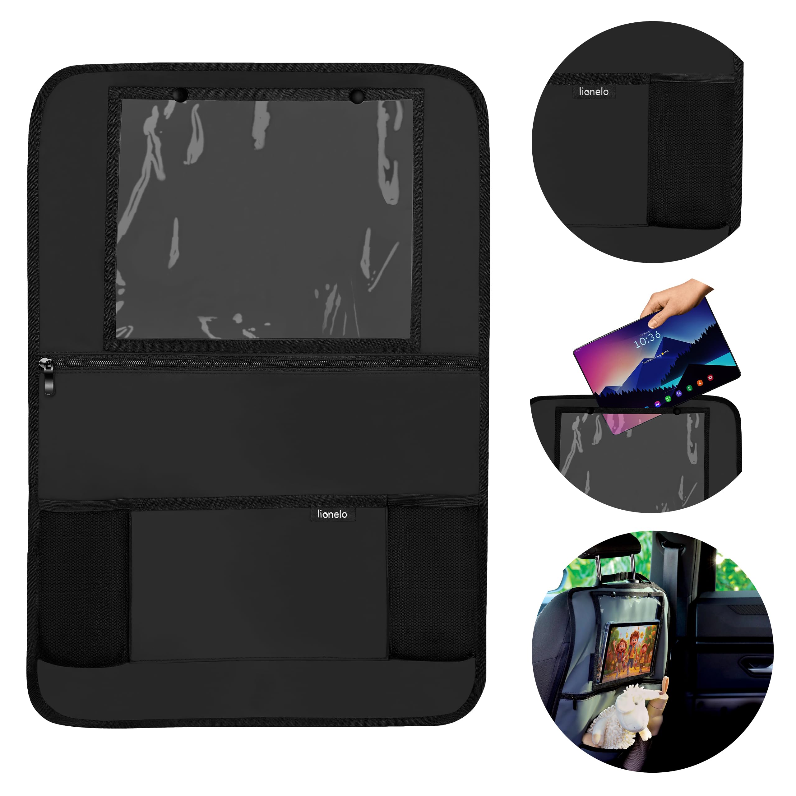 LIONELO SEATORGANIZER Uniwersalny Organizer na Fotel Samochodowy dla Dzieci, Wodoodporny Ochraniacz na Oparcie Fotela, Organizer na Tablet 13 cali, 5 Kieszeni, Szybki Montaż