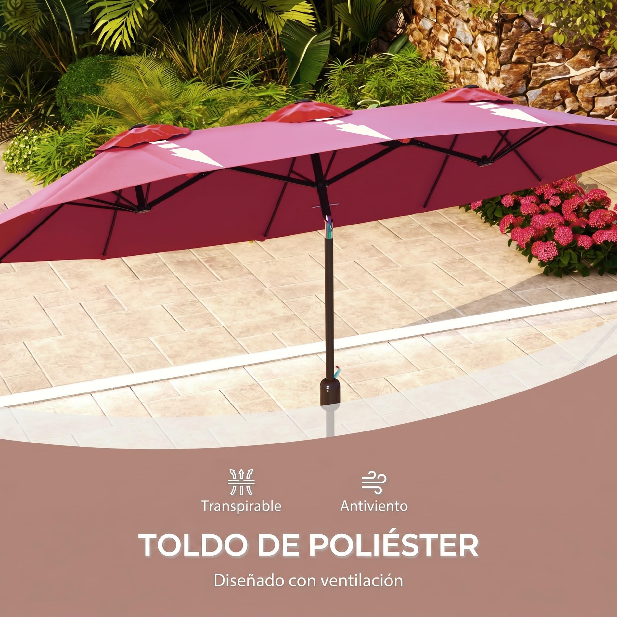 Outsunny Sombrilla Doble 2,95x1,52m Inclinación 45° Manivela Rojo Vino | Sombrilla Terraza Exterior, Manivela Manual, Ventilación, Impermeable, Parasol Jardín Piscina