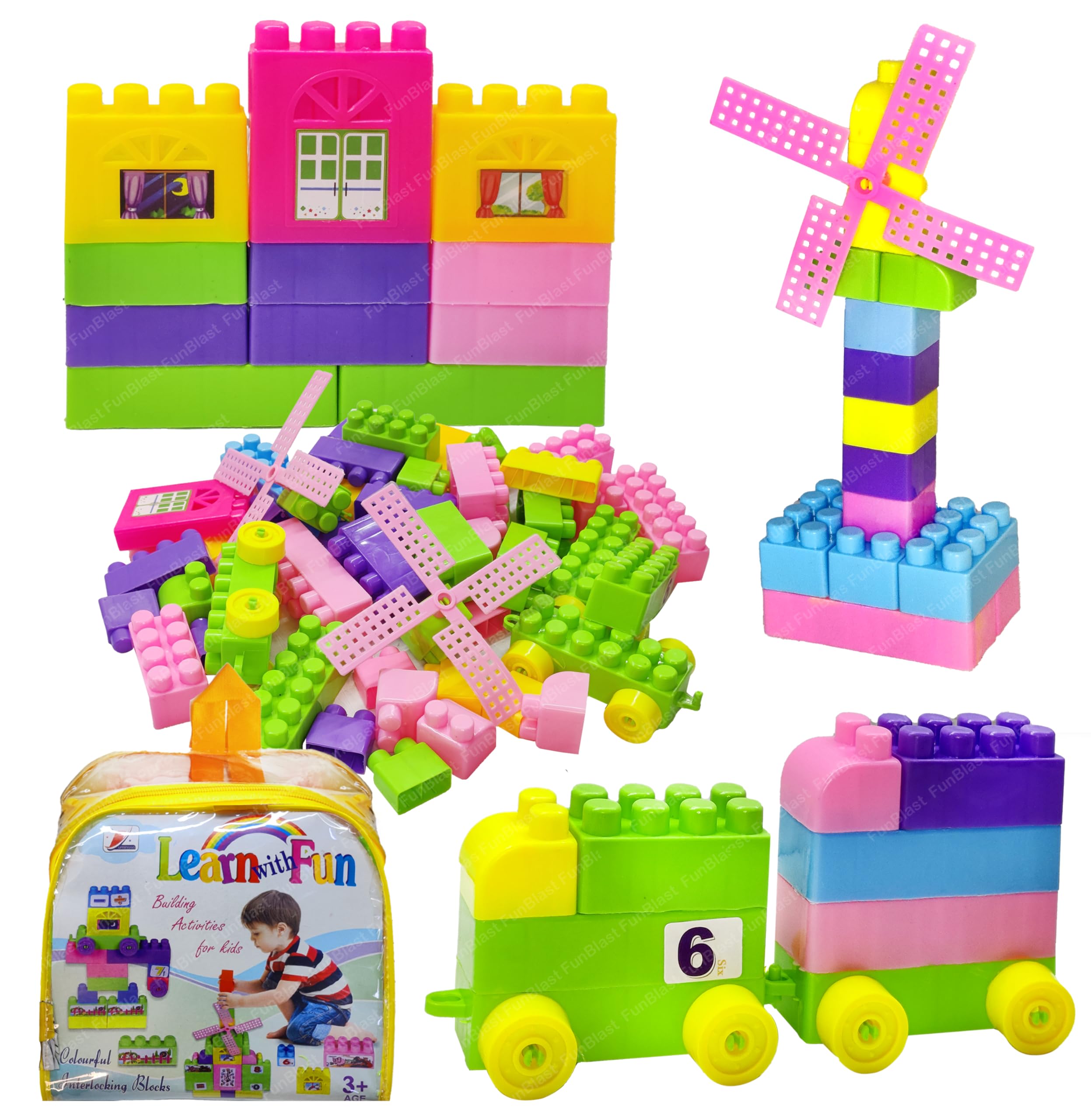 FunBlast Building Blocks for Kids with Wheel, 55 Pcs with 8 Movable Wheels Big Mega Sized Blocks, Block Game for Kids/Boys/Children – Multicolor (63 Pcs)