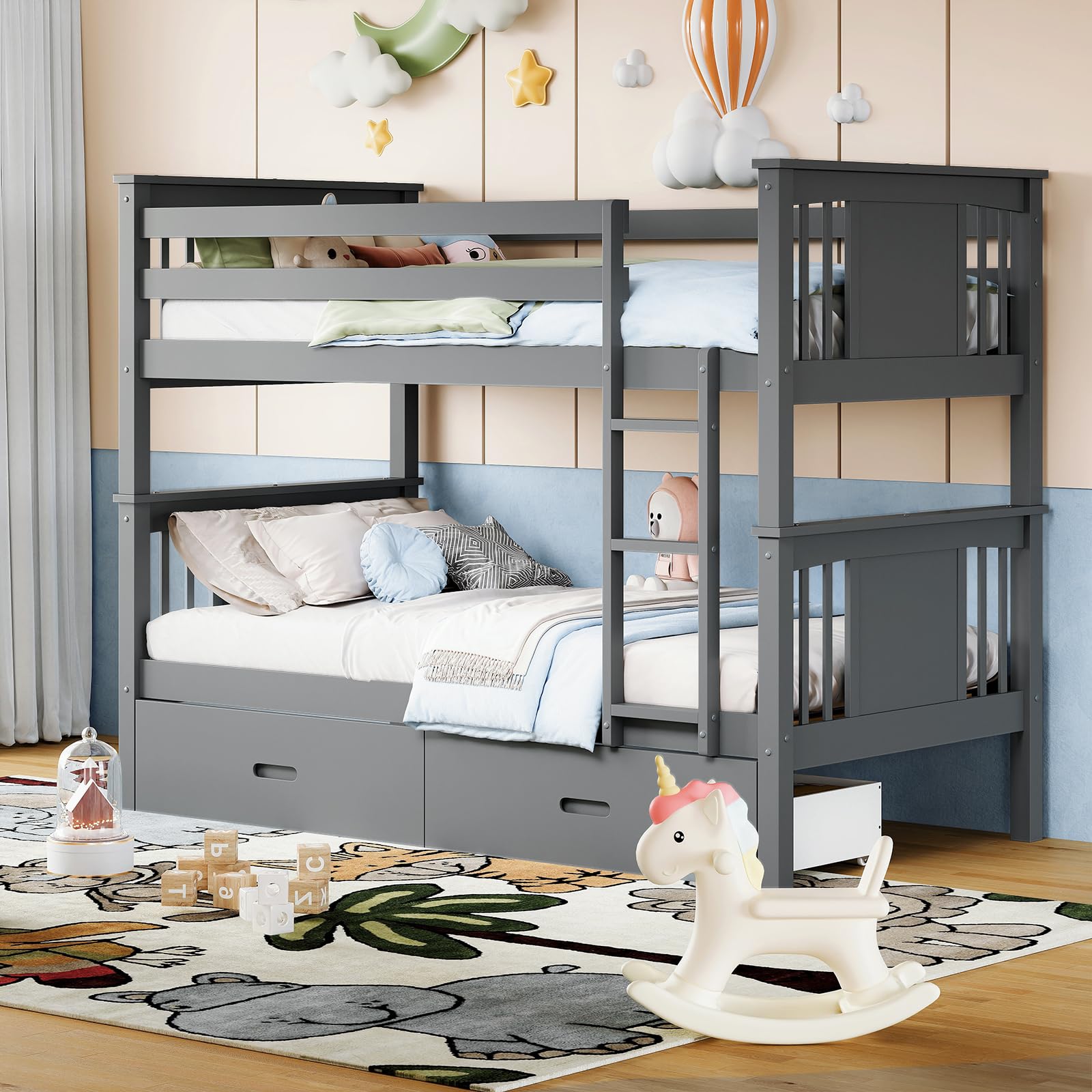 FUQARHY Bunk Bed Twin Over Twin with Storage Drawers, Gray Convertible Wood Twin Bunk Beds with Ladder and Safety Guardrail, No Box Spring Needed (