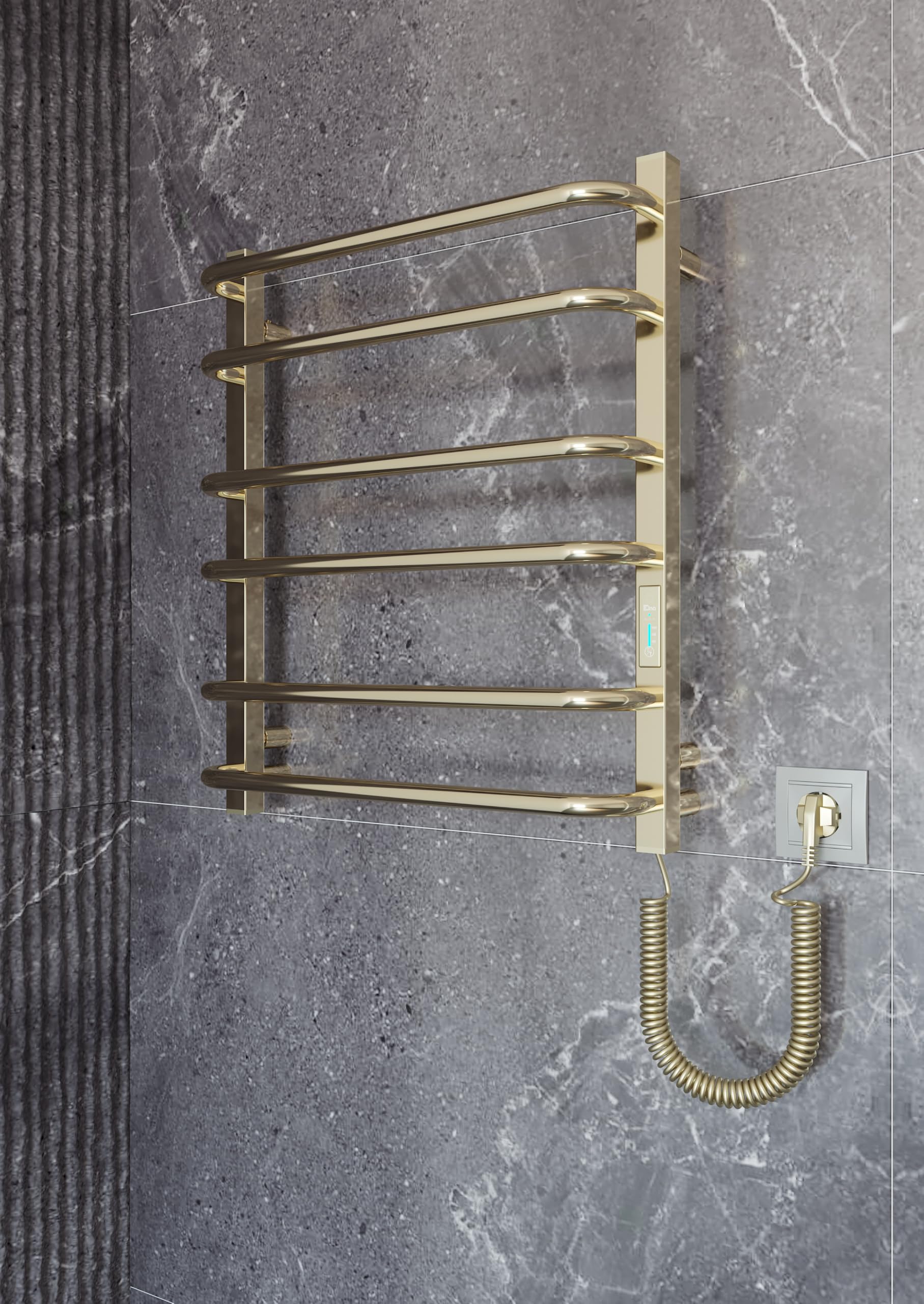Elna grzejnik na ręczniki, złoty, 104 W, 610 x 530 mm, elektryczny z timerem i termostatem, do hotelu, mieszkania, SPA i studia – IP44 – stal nierdzewna – kompaktowy montaż na ścianie