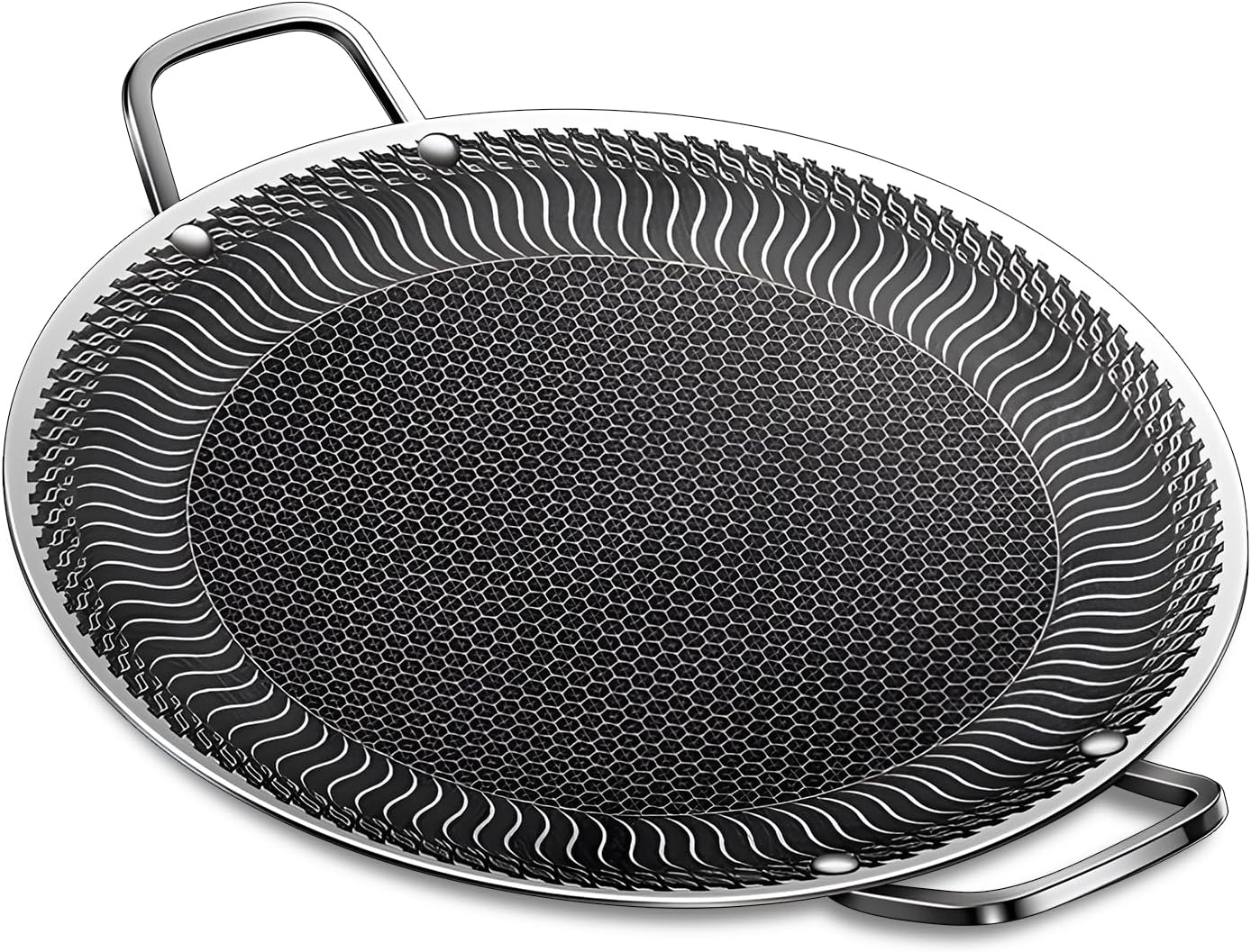 Portable Korean BBQ Grill Pan with Bag- Portable 13.4 IN Non-Stick Stainless Steel Baking Tray Korean Grill Pan - Honeycomb layer Round Stove Top Grill for Indoor Outdoor (Binaural)