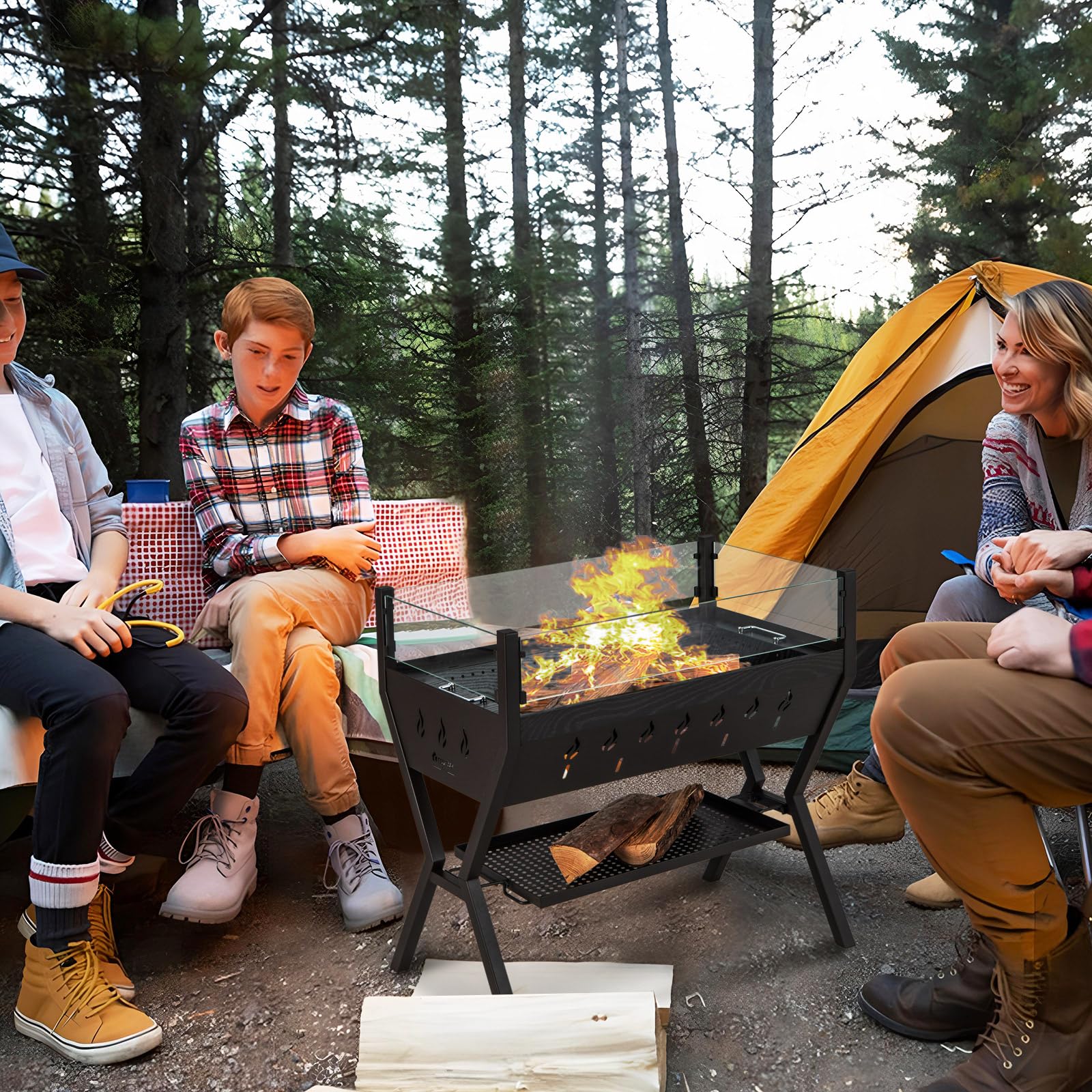 GOPLUS Grill na węgiel drzewny 3 w 1, wielofunkcyjny grill ogrodowy ze stali nierdzewnej z dużą powierzchnią grillowania, ochroną przed wiatrem i półkami, stojący grill BBQ na piknik, imprezę, kemping