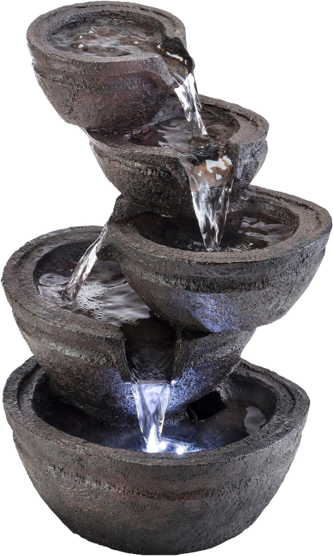 WIN1138 13" Indoor Tabletop Tiering Bowls Water Fountain with LED Lights – Cascading Water Feature for Home, Office, Meditation, and Relaxation, Dark Gray