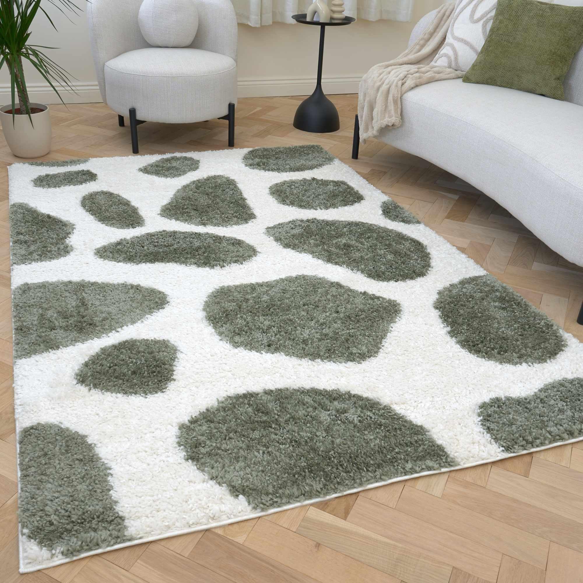 The Rugs Green Moodi Pebble Design Shaggy Soft High Pile Living Room Rug & Runner In | Size: 200Cm X 290Cm