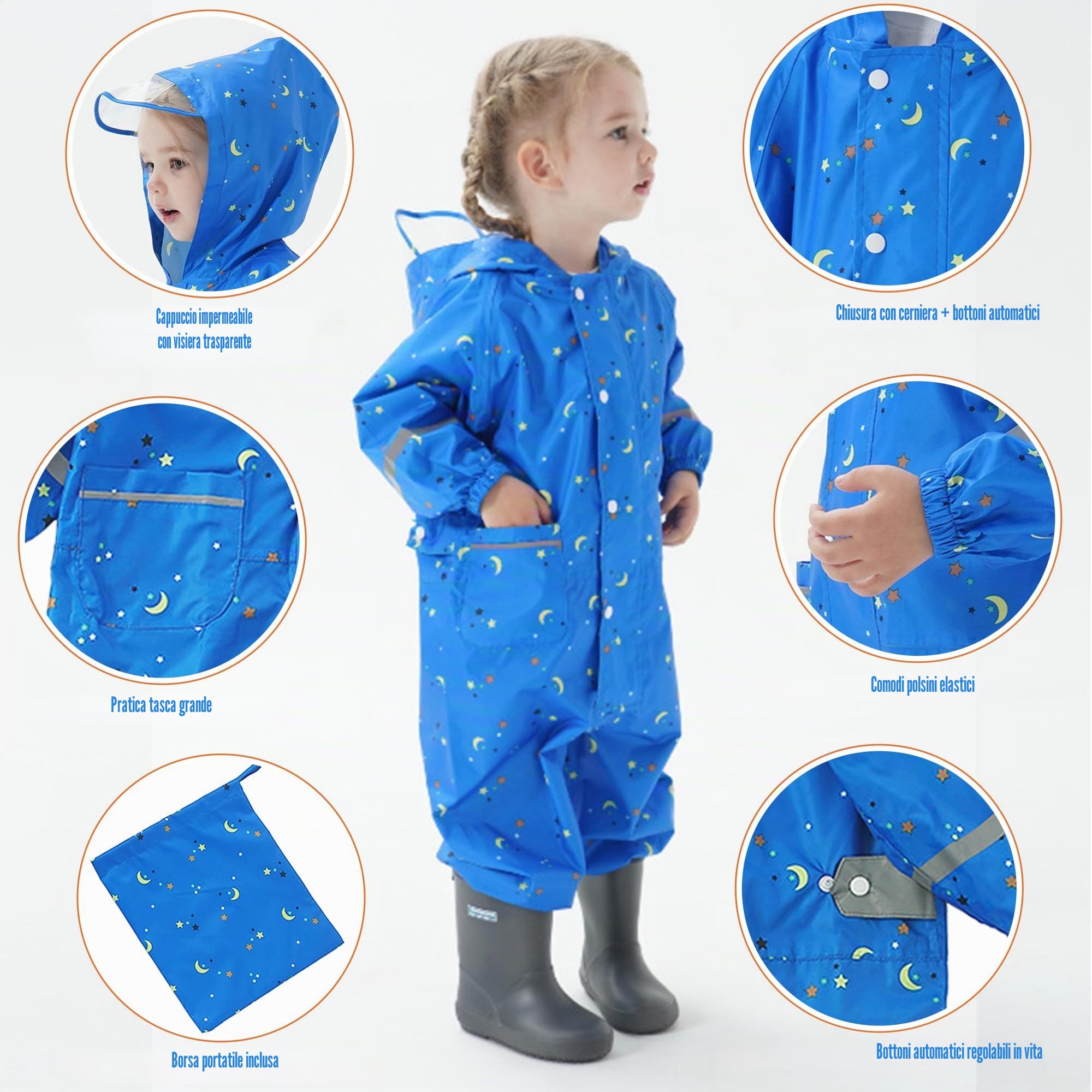 Fewlby Tuta Impermeabile Bambini, Tuta Pioggia Bambina Antipioggia con Cappuccio Poncho Impermeabile Ragazze Ragazzi Giacche da Pioggia con Cappello Trasparente per 1-10 Anni