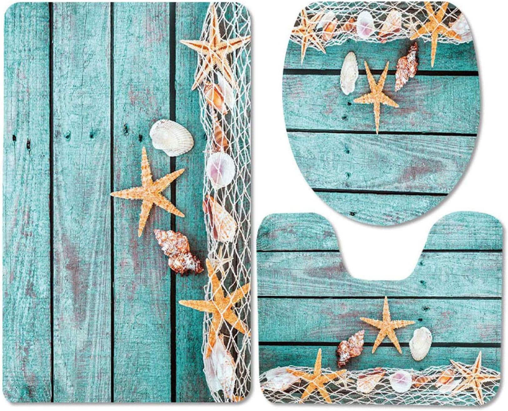 U-HOOME 3-Piece Bath Mat Set Bath Rug Set Soft Non Slip Bathroom Rugs for Kitchen Shower and Toilet Pedestal Rug + Lid Toilet Cover + Bath Mat (Starfish Floor)