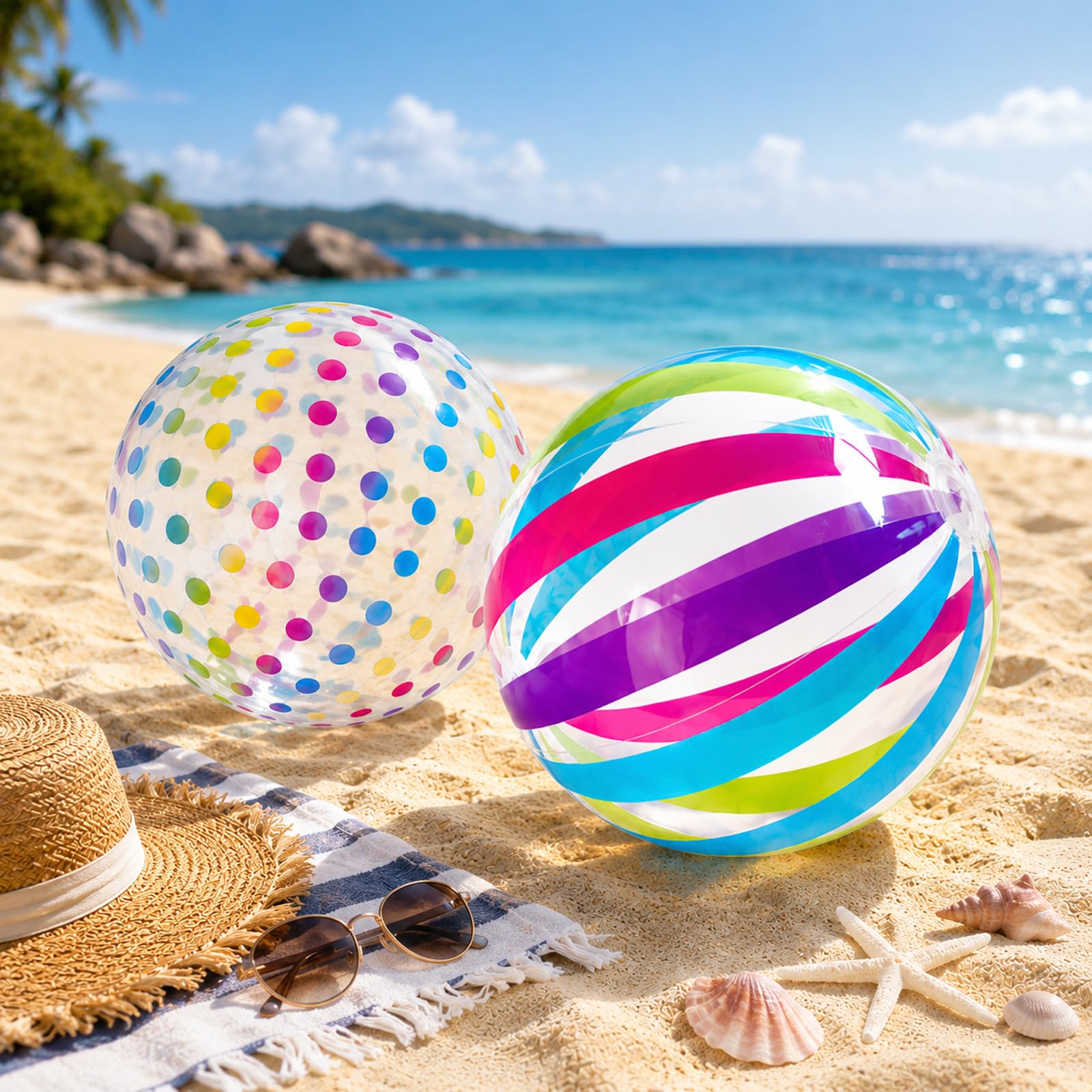 ZhouWei 4 sztuki, nadmuchiwany balon basenowy, średnica 28 cm, przenośny nadmuchiwany balon plażowy z kolorowymi paskami i kropkami, nadmuchiwana piłka plażowa dla dzieci, dorosłych, na plażę, wakacje