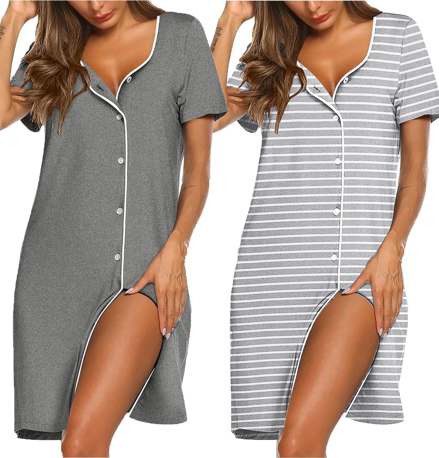 Ekouaer Women's Nightdress with Buttons, Short Sleeve V-Neck Sleep Shirt, Flowers, Two-Piece Sleepwear, S-XXL