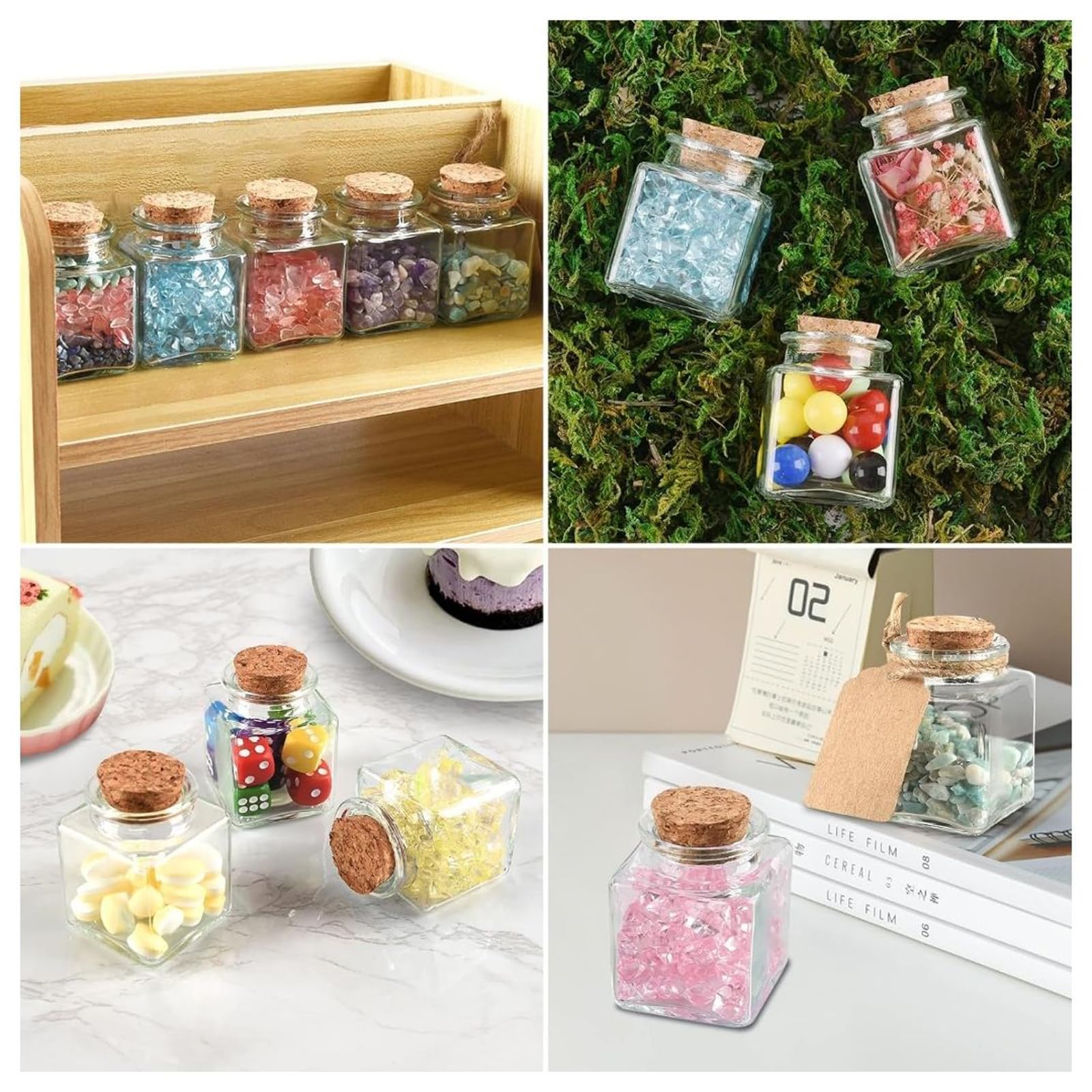 Doni Bomboniere Lot de 12 bonbonnières de communion pour fille, 4 x 4 x 4 cm, porte-dragées transparentes, bouchon liège, 12 pièces, autocollants, personnalisables, 12 pièces, sachets dragées, fête