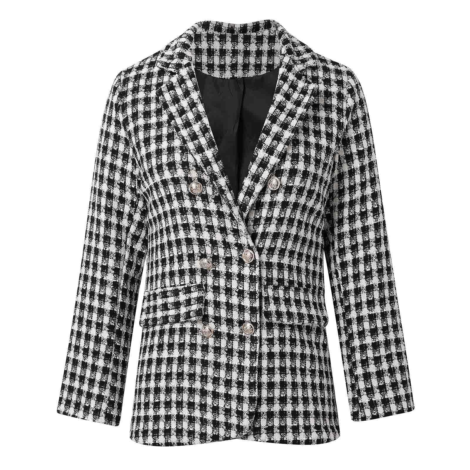 Blazer Mujer Tweed de Cuadros, Americana de Manga Larga con Doble Botonadura y Solapa, Chaqueta de Traje Vintage para Trabajo, Oficina y Otoño