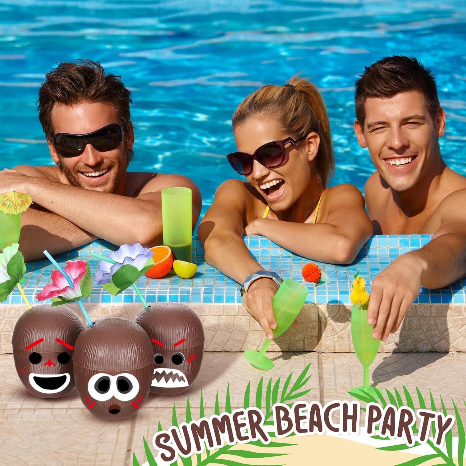 24 Pack Coconut Cups Plastic Hawaiian Cups,DIY Tropical Hawaiian Luau Tiki and Beach Party Decorations for Kids and Adults with 25 Straws 25 Cocktail Drink Picks and 26 Stickers
