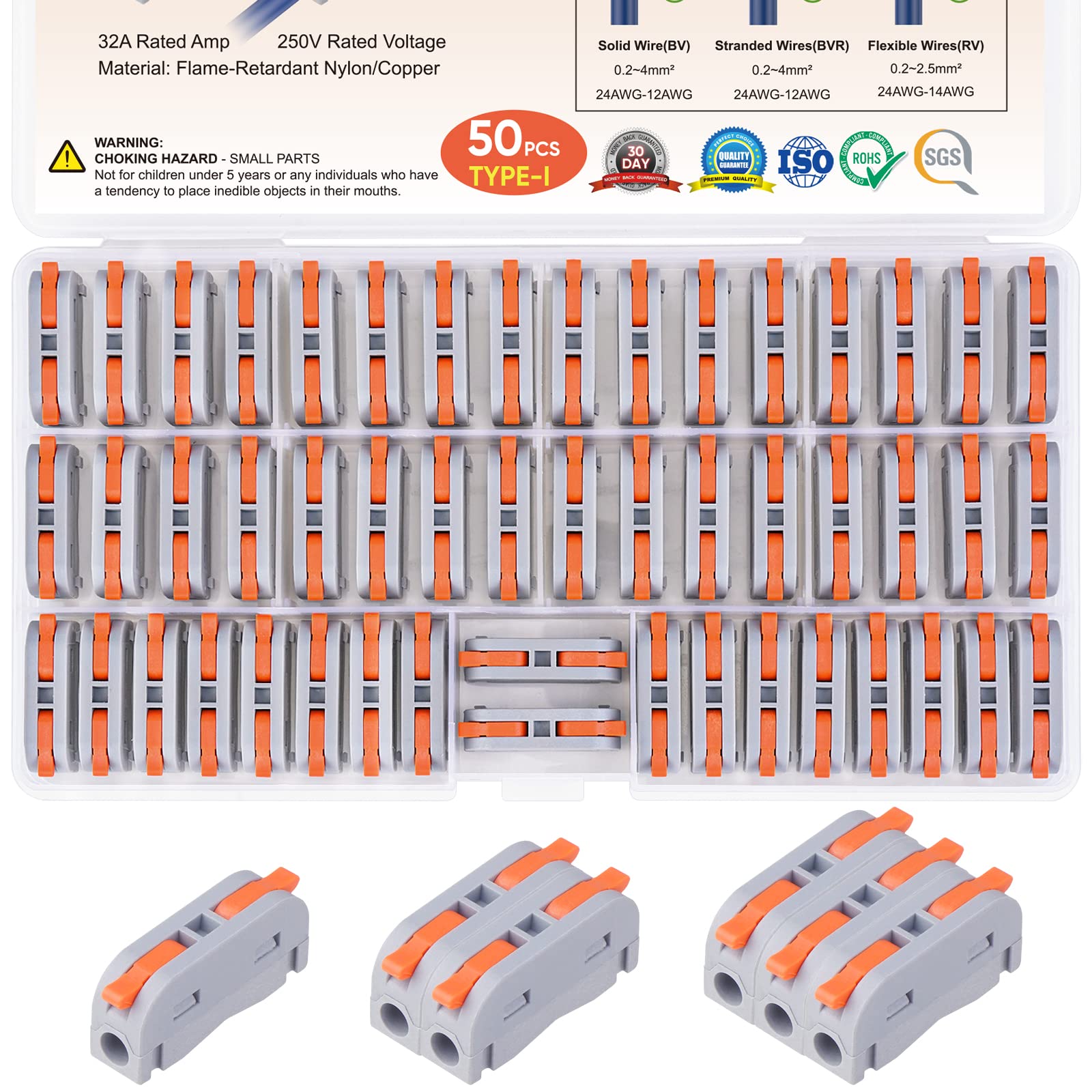 TICONNTICONN 50 Pcs Lever Wire Connectors Kit for 24-12 AWG for Solid and Stranded Wires, Compact Fire Retardant Quick Disconnect Wire Connectors (Type I, 50 Pcs)