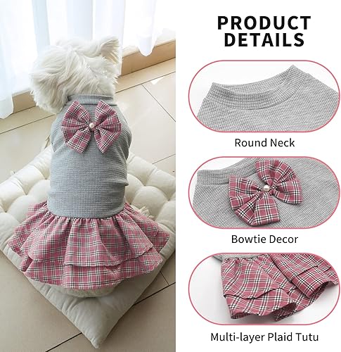 Miniatura 4 de KYEESE Vestido de perro a cuadros con lazo, ropa ligera para mascotas para perros pequeños, gatos, cachorros, trajes de perro, gris, XL