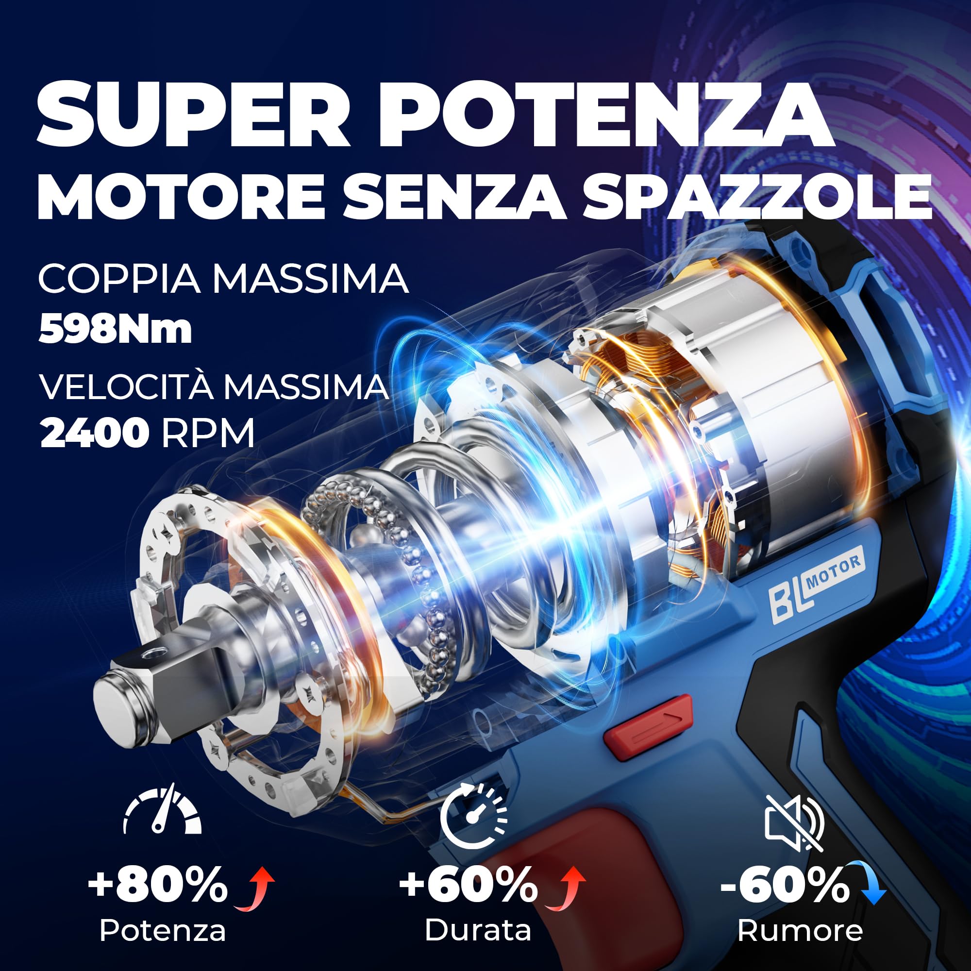 DongCheng Chiave ad Impulsi Senza Fili 20V 4.0Ah Li-ion 800 Nm Chiave a Impulsi Elettrica 2400 giri/min 4 Velocità con Dadi 17-24mm e Luce LED per Cambio Gomme Auto Meccanica Cantiere